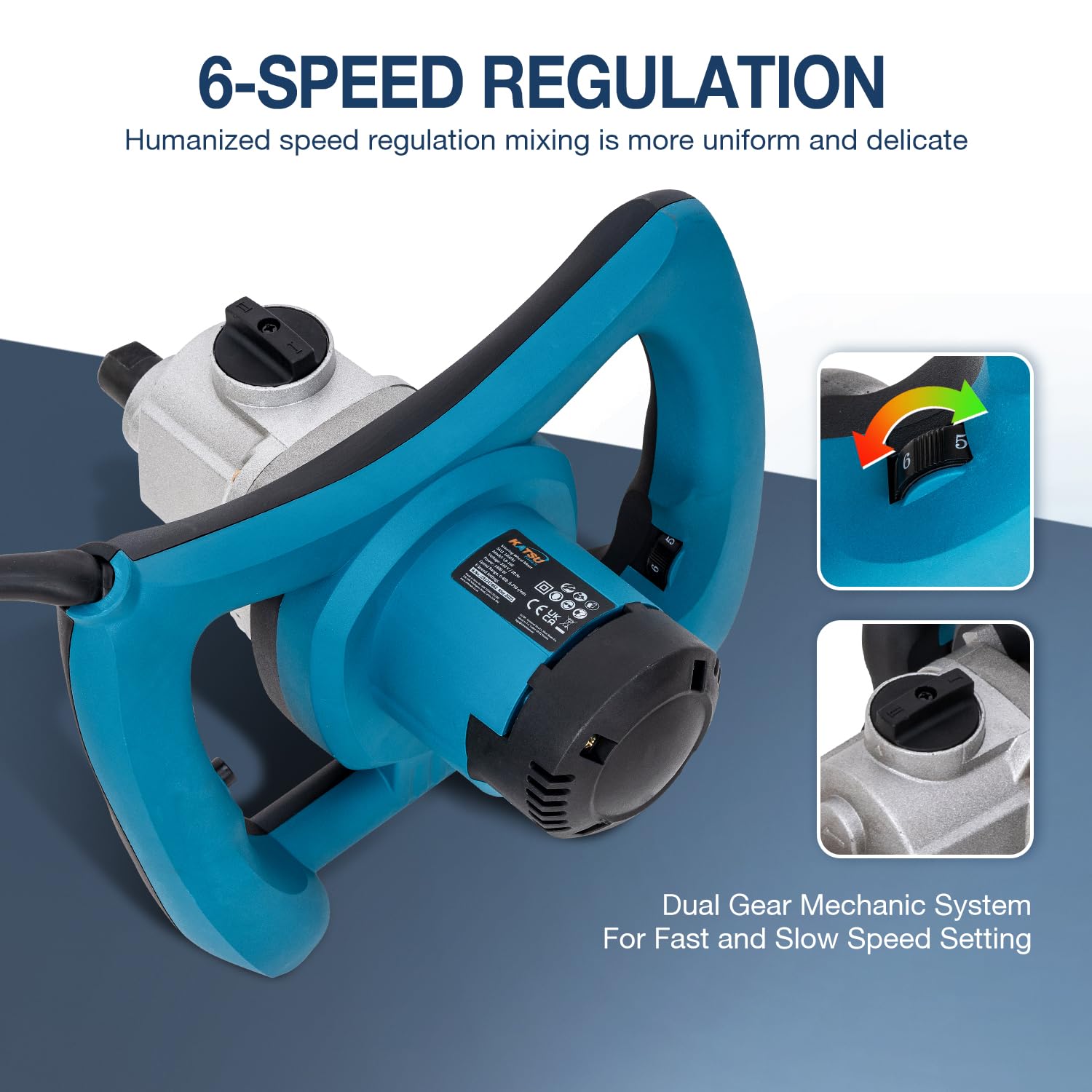KATSU Tools Elektrischer Paddelmischer 1400 W – Doppelgetriebe-Mechaniksystem, 6 variable Geschwindigkeiten, zusätzlicher Rührer, zum Mischen von Farbe, Zement, Beton, Mörtel