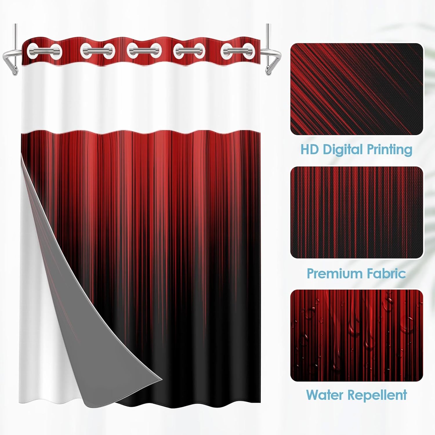 No Hook Red and Black Ombre Shower Curtain with Snap in Fabric Liner Set, Simple Artistic Aesthetic Double Layers Waterproof Fabric with See Through Top Window Open Grommet Curtain 71x74 Inch