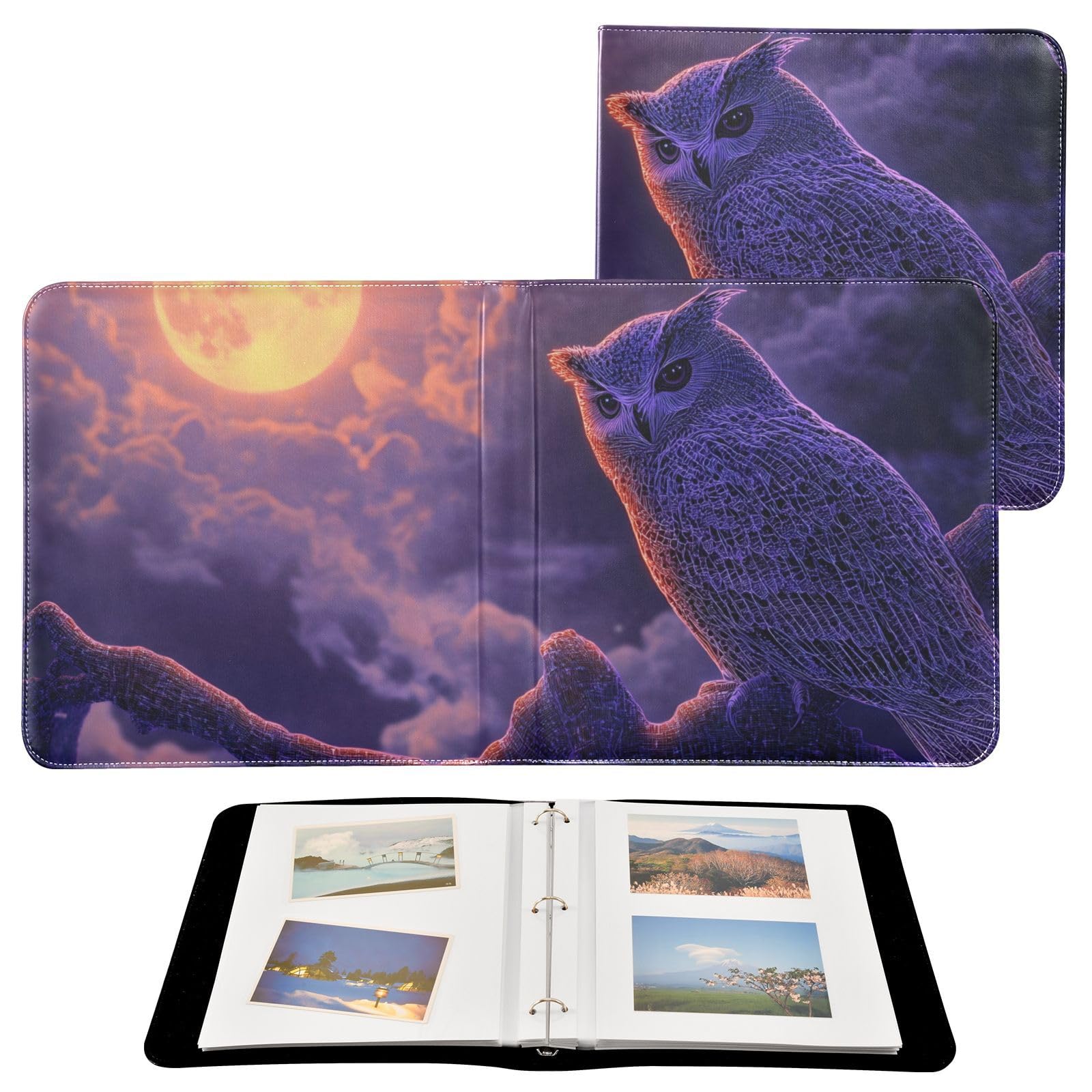 FOLIOSA Photo Album Owl Moon Print, Leather Cover Self Adhesive Scrapbook Album for 2x3/4x6/5x7/6x8 in Photos for Family Travel Wedding