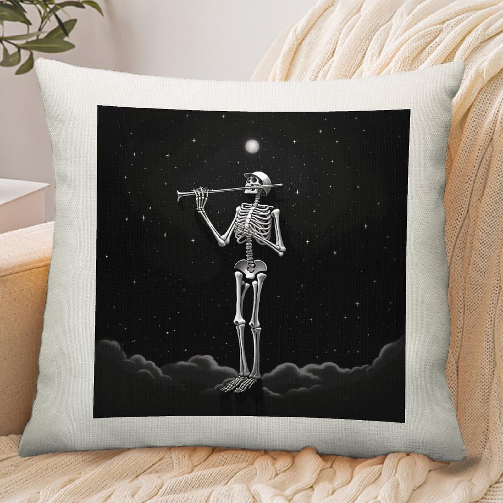Adfgyerh Style Skeleton In The Night Pillow Cover Breathable,Pillowcases Boho Decorative Envelope Closure,Throw Pillow Covers For Beach,Patio,Balcony,Couch Living Room 18 * 18In