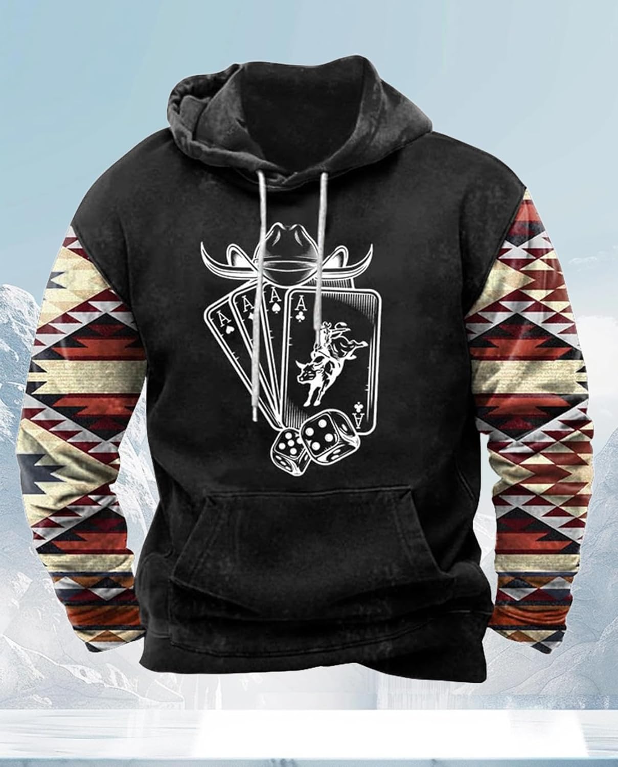 Western Hoodie for Men Aztec Cowboy Printed Drawstring Pullover Hooded Sweatshirt Mens Comfy Fleece Sweatshirt - Image 3