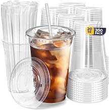 Fit Meal Prep 200 Pack 20 oz Plastic Iced Coffee Cups with Flat Lids and Clear Straws, Disposable Clear Cup, BPA Free Cup for Party, Smoothie, Cold Drinks, Juice, Milkshake, Bubble Boba, Tea