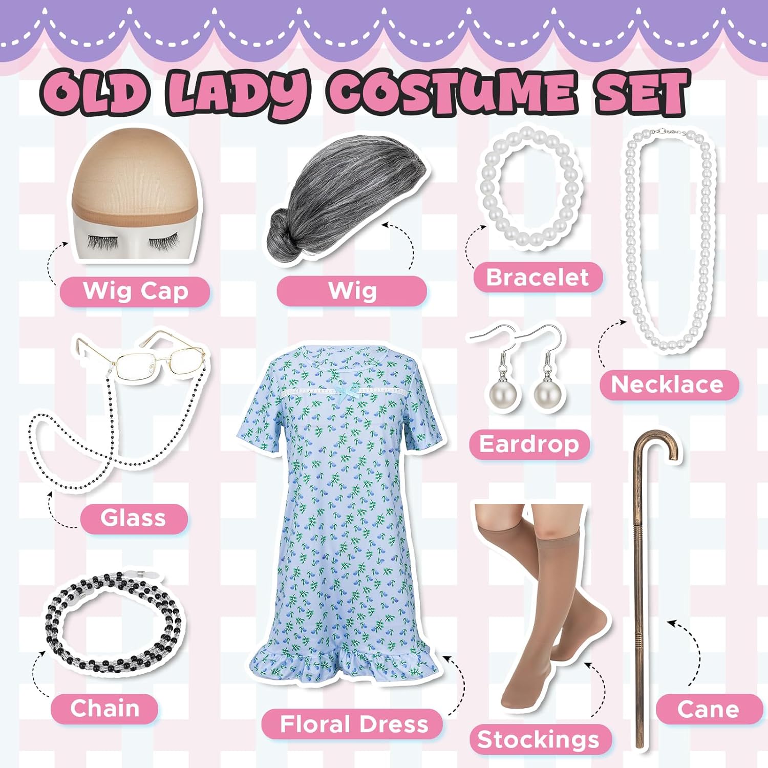 MY-LADY Old Lady Costume 10PCS Set Grandma Costume Granny Outfit Nightgown Wig 100 Days of School Halloween Cosplay - Image 2