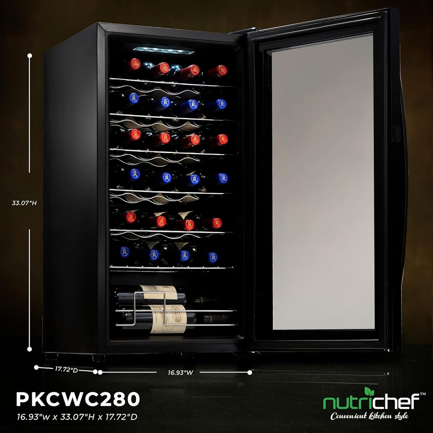 NutriChef 28 Bottle Wine Fridge | Single Zone Red & White Wine Chiller | Adjustable Temperature 41°F to 64°F | Ultra Quiet Operation | Wine Cooler For Home & Office | Free Standing 33x16x17 IN | Black