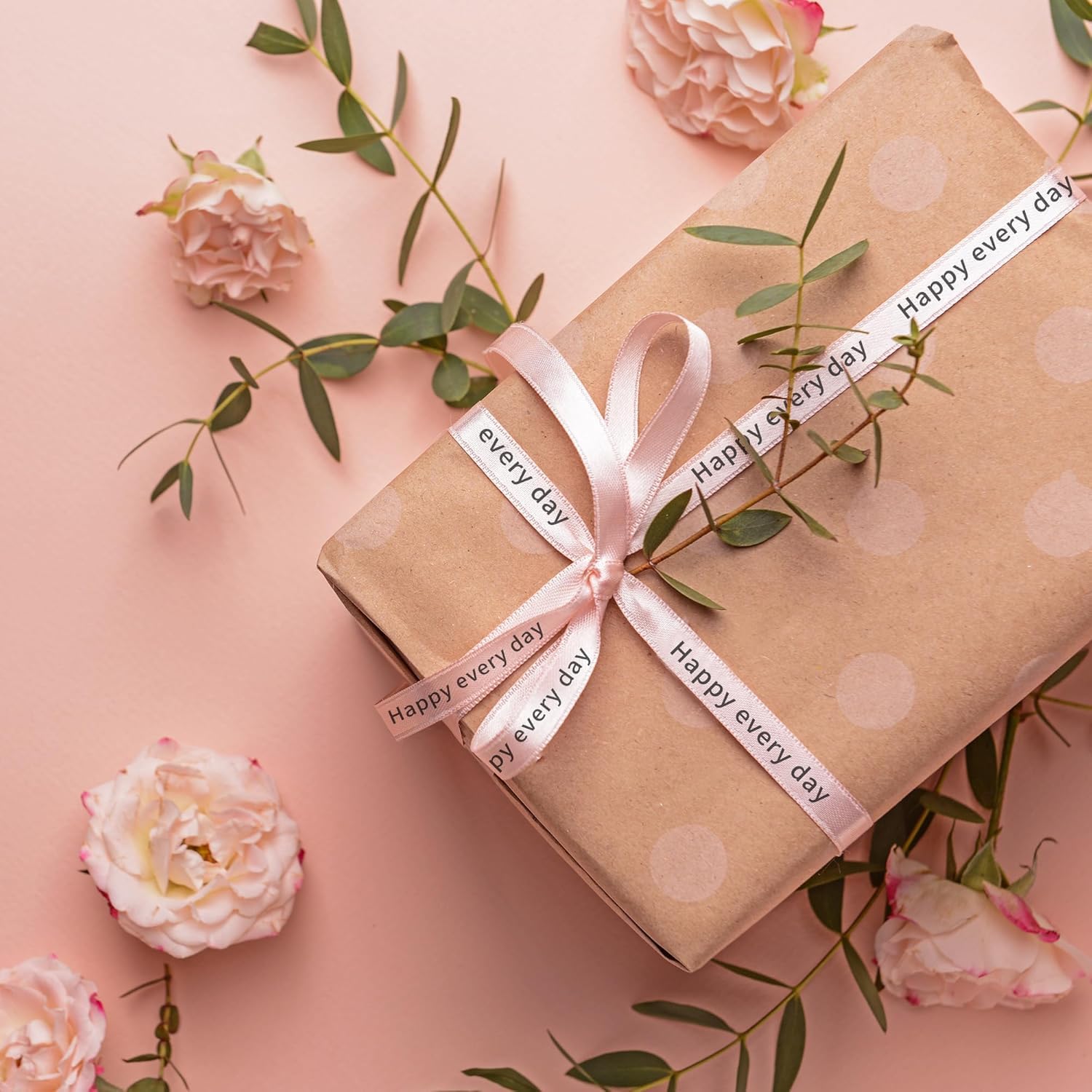 Phomemo A30 P15 Exclusive Embellish Black Print on Pink Satin Ribbon, Fabric Ribbons for Gift Wrapping, Wedding Bouquets, DIY Crafts, Mother's Day, Party Decor, 12mm x 5m, 2 Packs