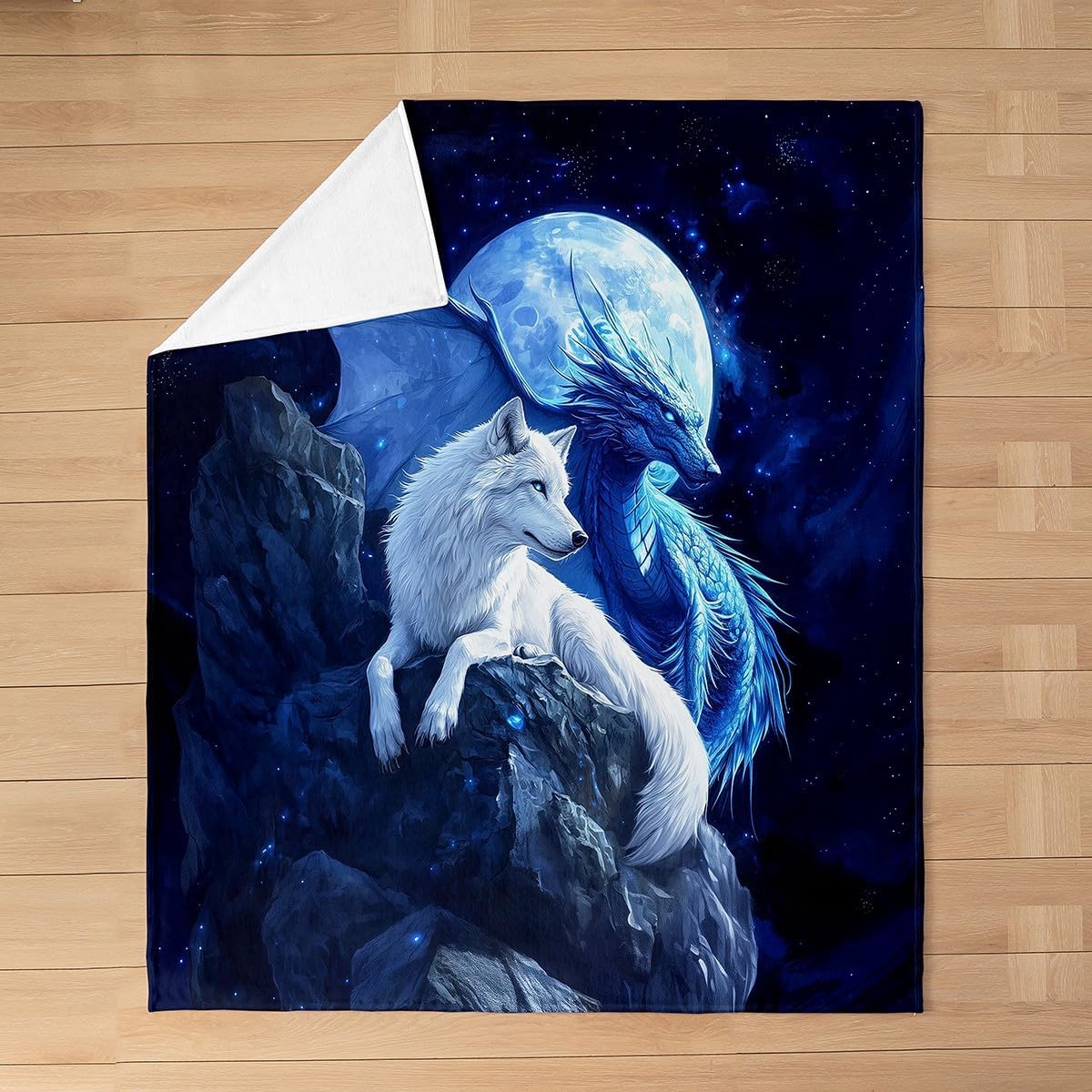 Homewish Wolf and Dragon Flannel Blankets,Western Magical Animals Fleece Blanket,Kids Girls Boys Adult Moonlight Night Fuzzy Blankets Natural Mountain Sherpa Blanket Chair Sofa Bed Decor,50"×60" image 2