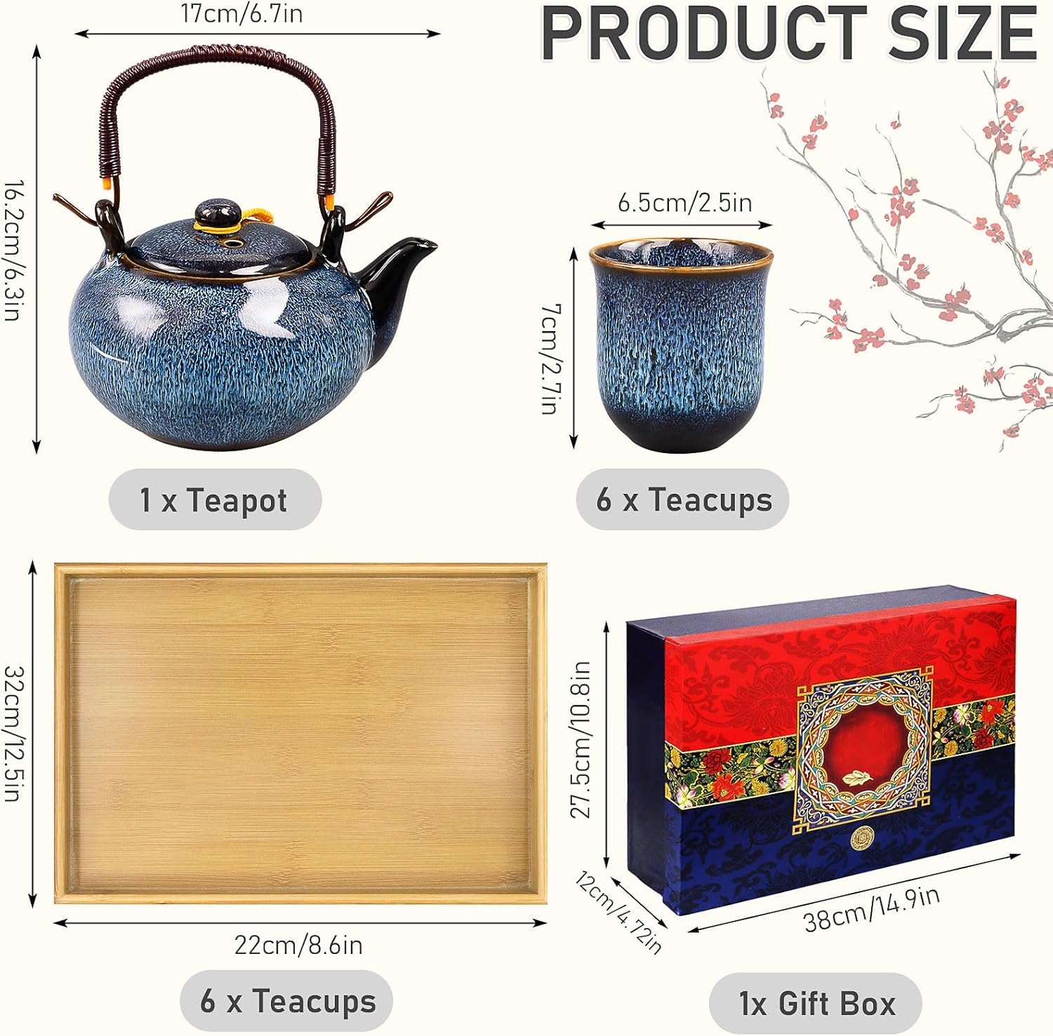 Service à Thé Japonais en Porcelaine, Théière Bleue 650ml avec 6 Tasses, Plateau en Bois et Coffret Cadeau, Service à Thé en Céramique Émaillage Four Traditionnel pour Adultes, Idée Cadeau Homme Femme
