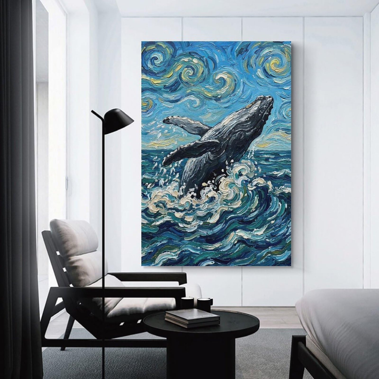 Junmoney Whale Breaching in Van Gogh Wall Decor Canvas Print, 08x12inch(20x30cm), for Bedroom, Lounge Or Dressing Area, Decorative Wall Art for Cosy Rooms