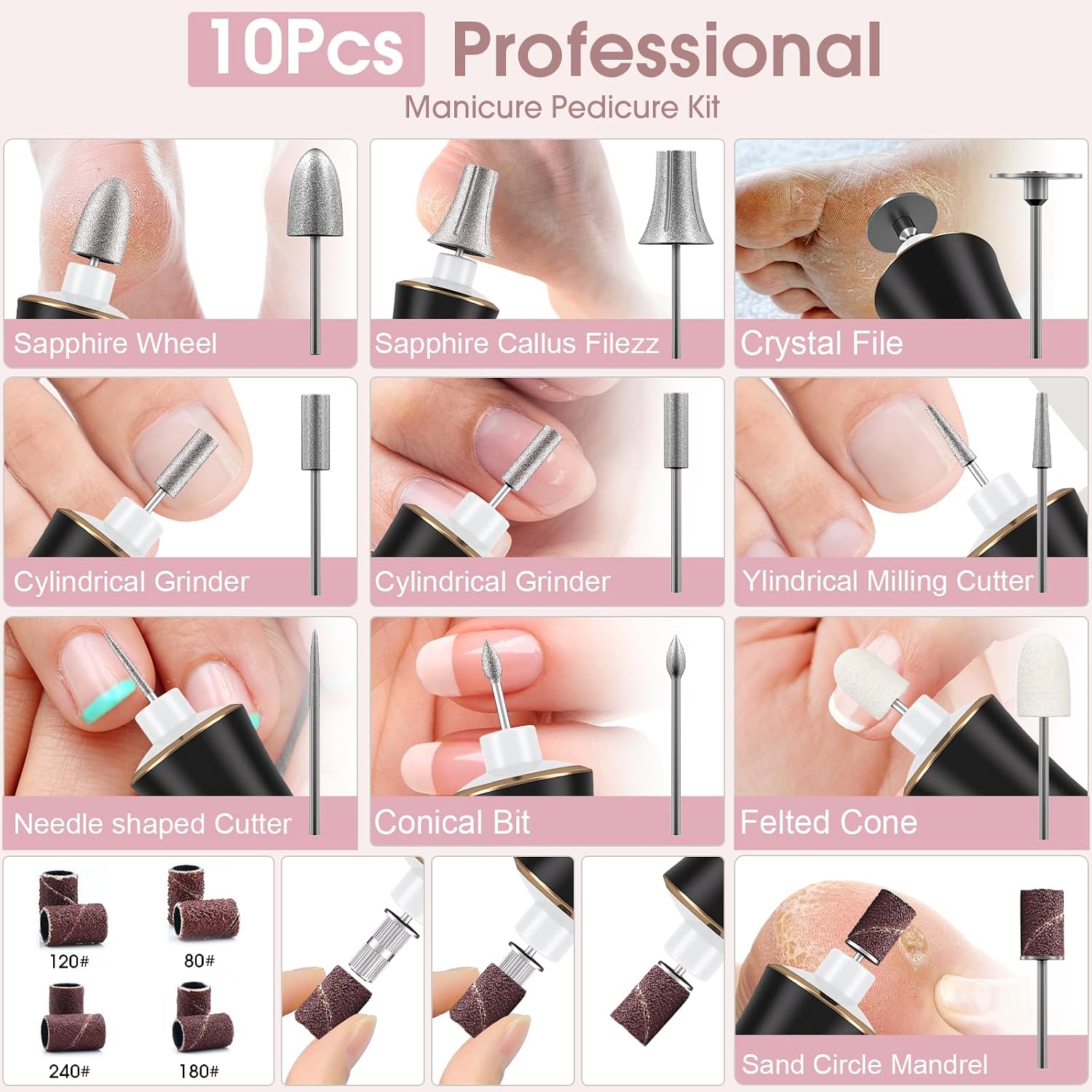Close-up of 10 professional manicure pedicure drill bits and sanding bands