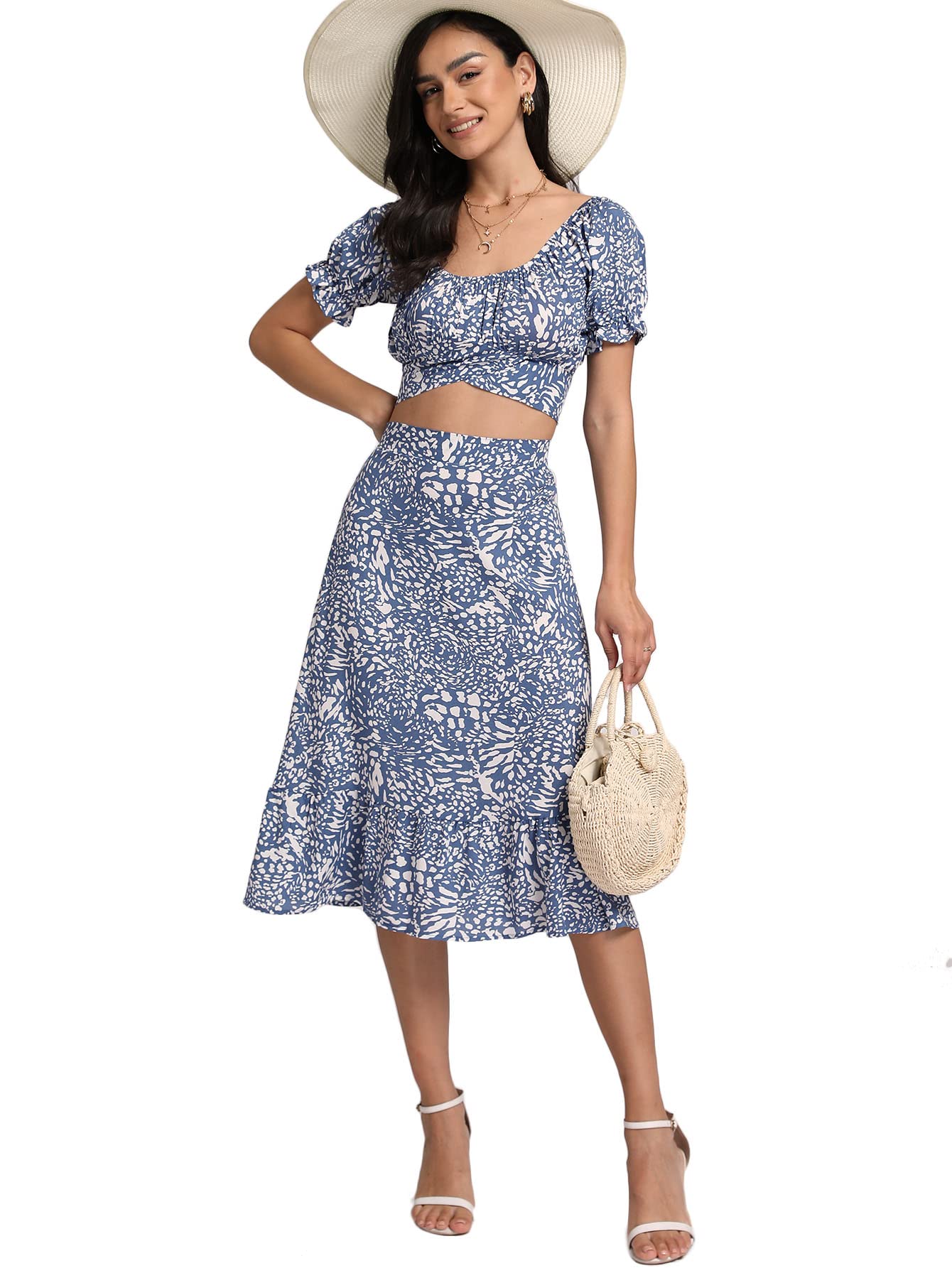LYANER Womens 2 Piece Outfits Floral Self Tie Knot Crop Top and Midi Skirt Set