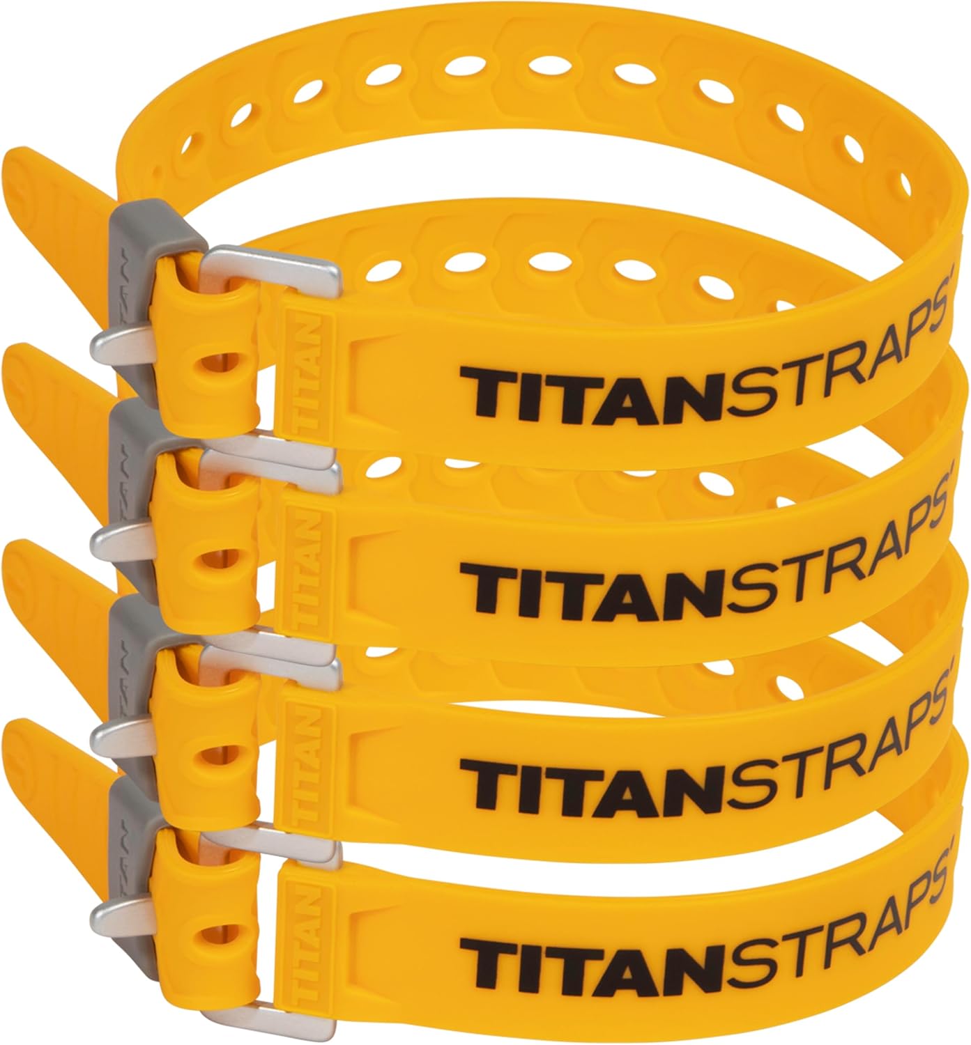 Titan Utility Straps – Easy-to-Use, Reliable Tension Straps for Securing Bike & Moto Gear, Skis, Hoses, Field Repair – Use in Frigid Temp – 60 lb.Working Load, 18" Length, School Bus Yellow, 4-Pack