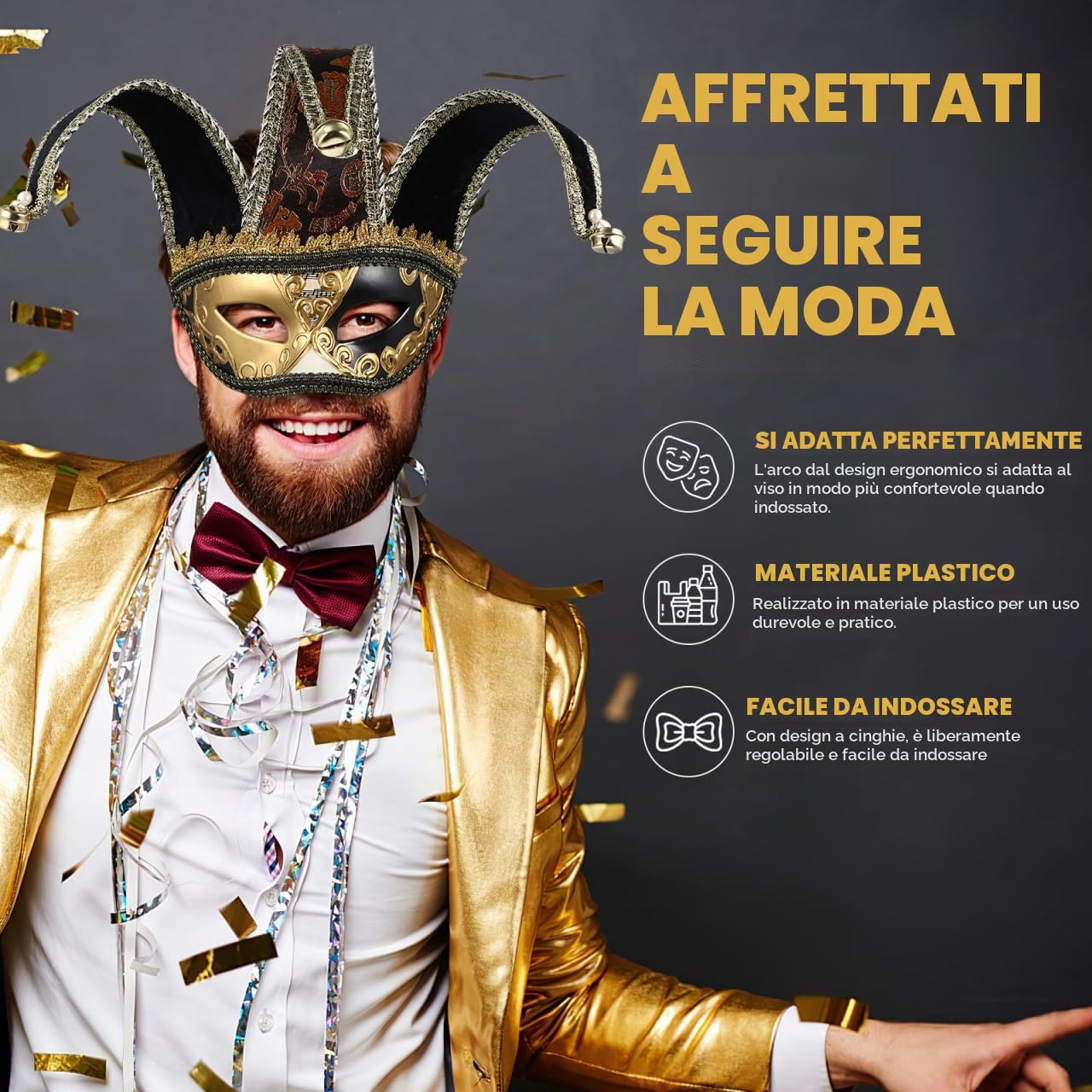 BESTOYARD Maschera Veneziana Nera Per Uomo in Plastica Pp Accessorio Per Carnevale Halloween Feste Cosplay E Foto Dimensioni 33X19.5Cm