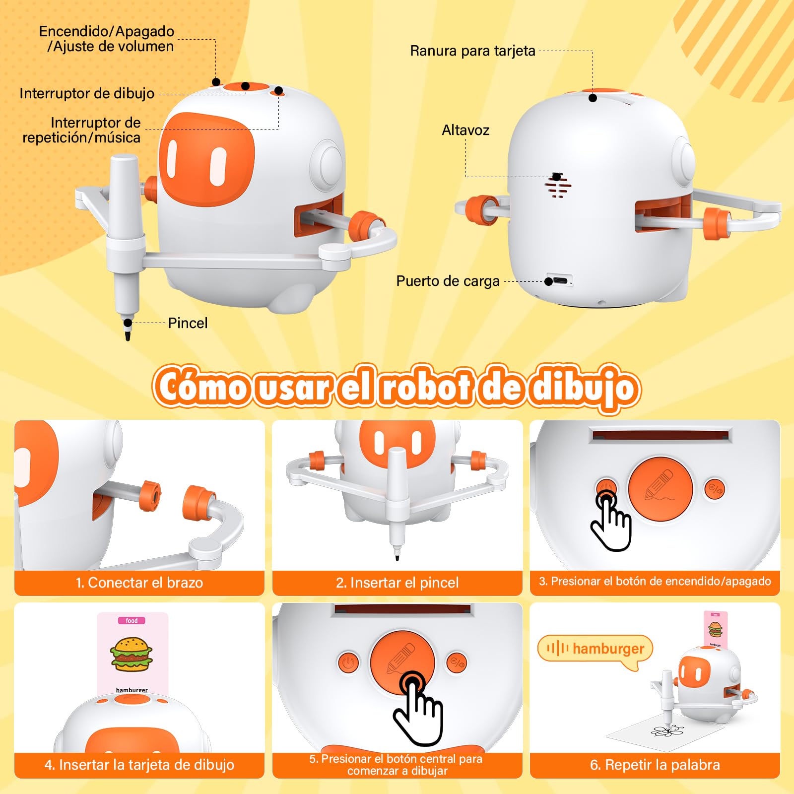Robot de Dibujo Infantil con 100 Tarjetas y 12 Rotuladores, Juguete con Interacción por Voz Que Fomenta Concentración y Paciencia, Regalo Ideal para Niños Mayores de 3 Años, Blanco