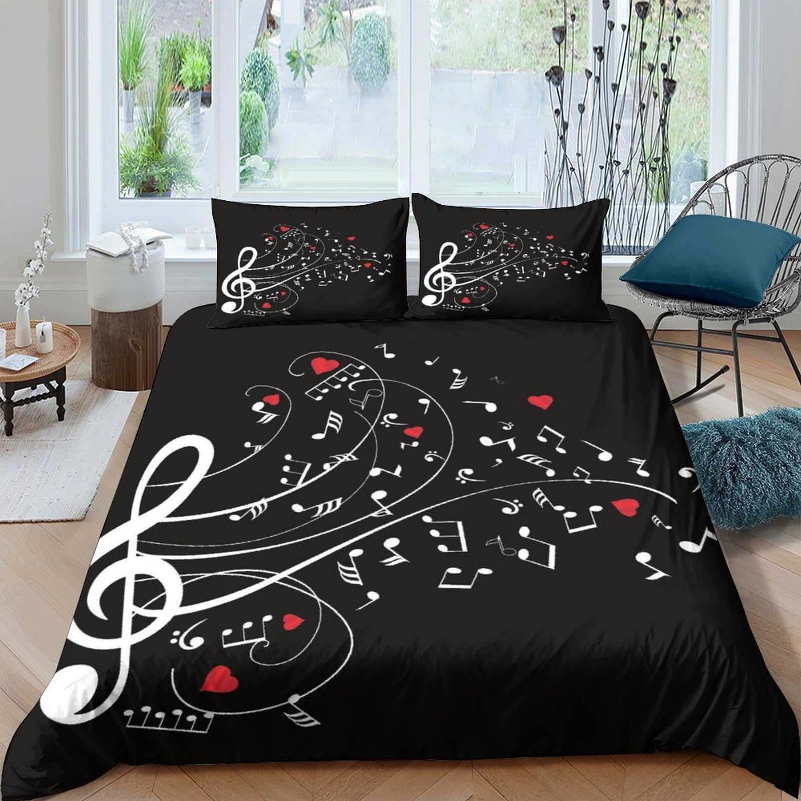 Ctjqhvkz Style-9 3D Printed Music Notes Fitted Sheet Microfiber Black Heart Treble Clef Mattress Cover For Bedroom Dorm Decor Single（135X200cm）