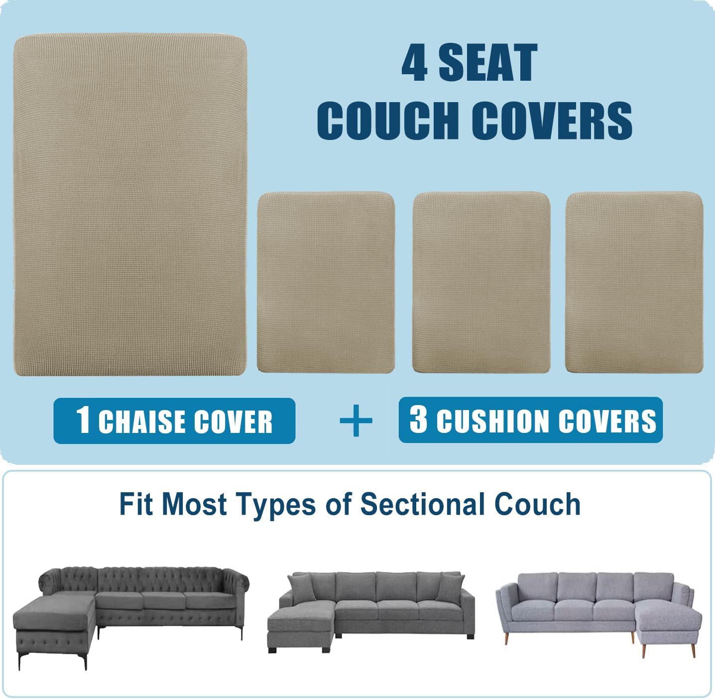 Water Repellent L Shaped Couch Covers 4 Pieces Sofa Seat Cushion Slipcovers, Stretch Separete Chaise Lounge Cover for Both Left/Right Sectional Couch for Pets (3 Seater+Chaise, Sand)