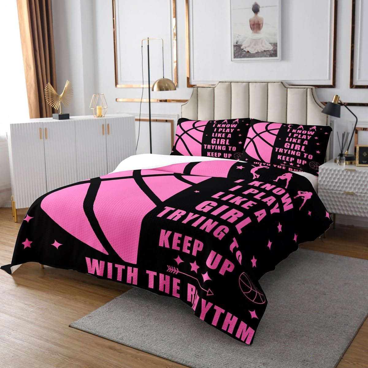 Erosebridal Basketball Kids Coverlet Set Ball Sports Games Theme Quilt Set Pink Basketball Bedspread Set Queen Size for Girls Teen Women,Ball Sports Player Black Bedding Set