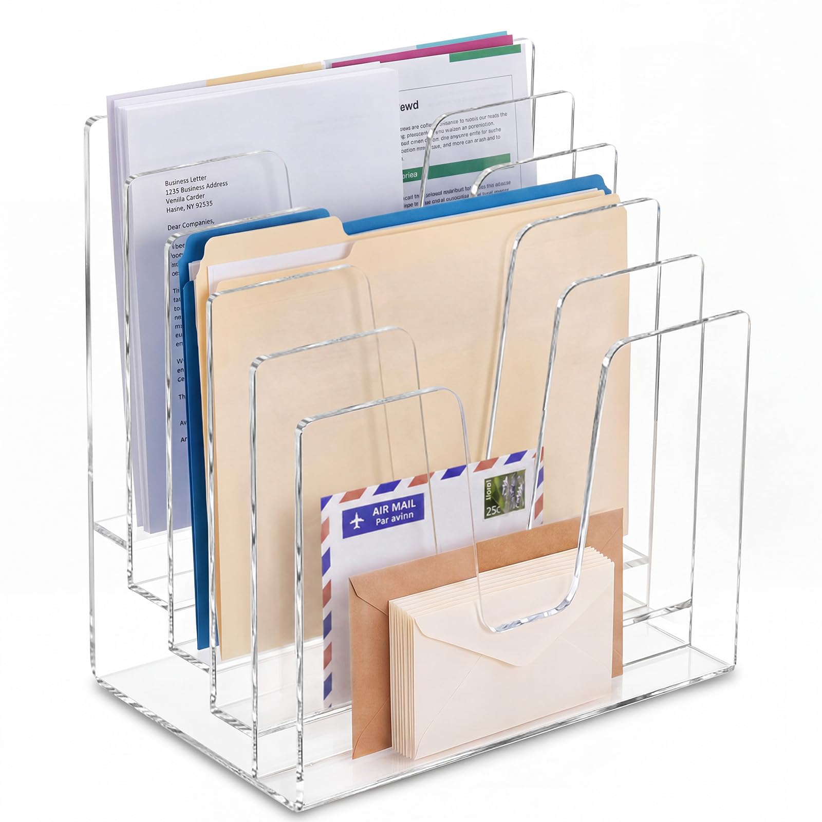 5 Section Clear Acrylic File Organizer, Inclined Desktop File Sorter