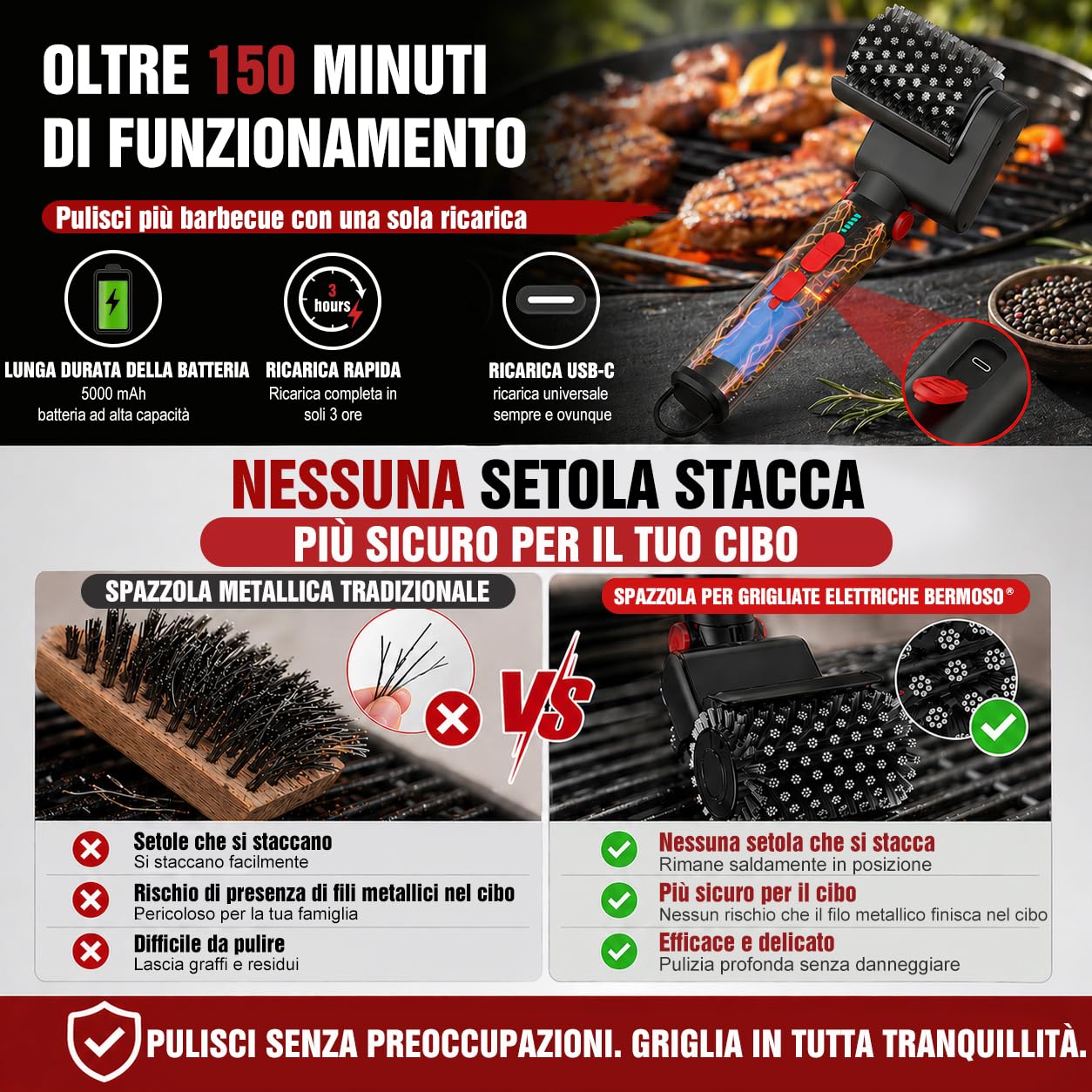 Spazzola elettrica per barbecue, pulitore ricaricabile USB 3 velocità, 3 testine, autonomia 150 minuti, impermeabile, resistente al calore, spazzola rotante senza fili