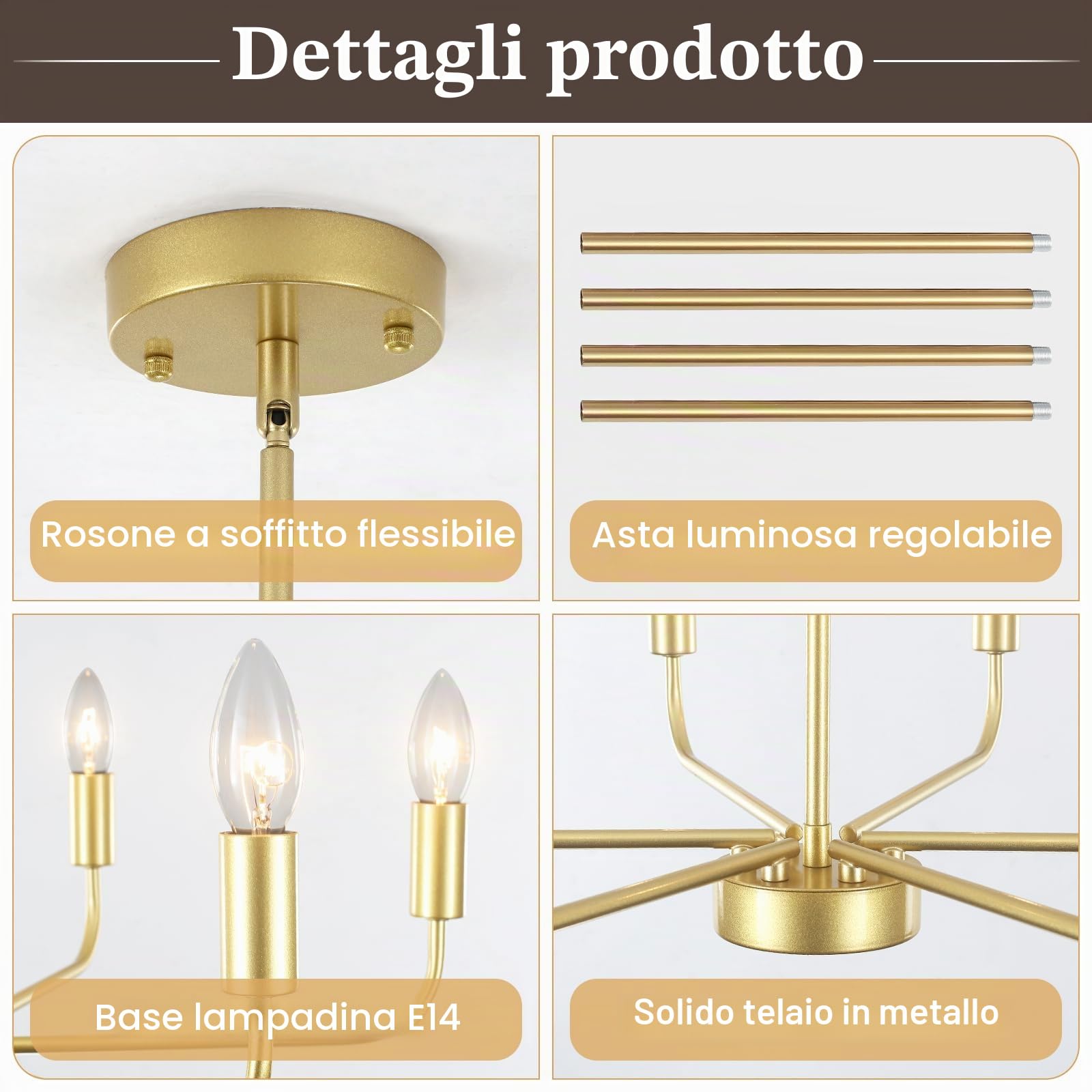 Lampadario Dorato a 6 Luci, Moderni, Lampade da Soffitto per Soggiorno | Lampada a Sospensione Dorata per Sala da Pranzo, Camera Letto, Corridoio, Iingresso, Altezza Regolabile