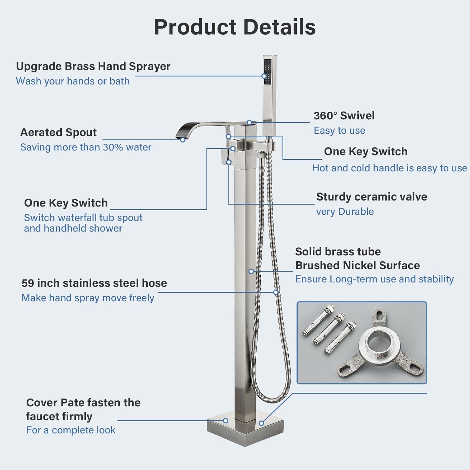 Freestanding Bathtub Faucet Brushed Nickel Tub Filler Floor Mount Single Handle Brass Tap with Handheld Shower and Swivel Mixer Spout - Image 5