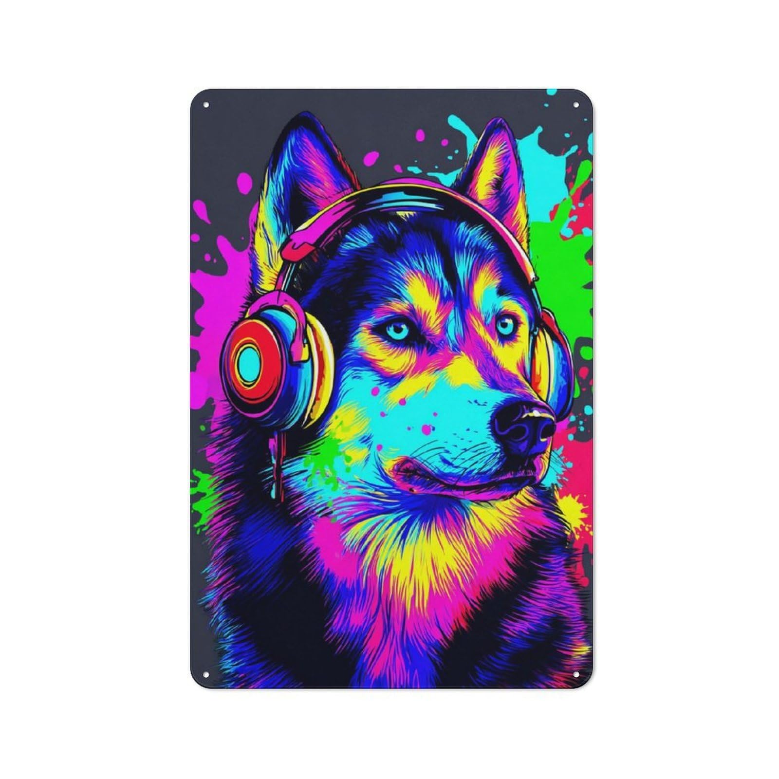 Junmoney Colorful Husky With Headphones -2 Modern Vintage Metal Wall Decor 30X20cm, Office Metal Sign For Office, Study, Studio Or Hallway