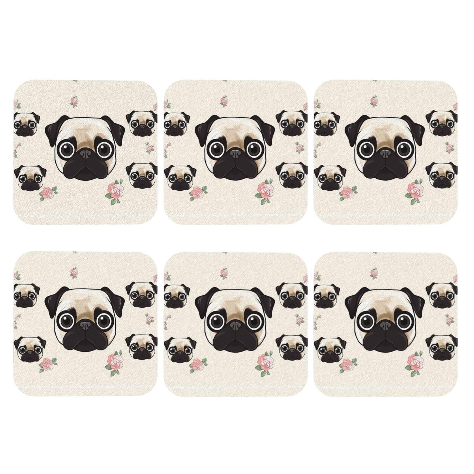 6pcs Leather Coasters for Drinks, Line Pug Drink Coasters for Tabletop Protection, 4" Cup Coasters for Coffee Table Decor, Non-Slip Drinking Cup Mat for Hot Or Cold Drink