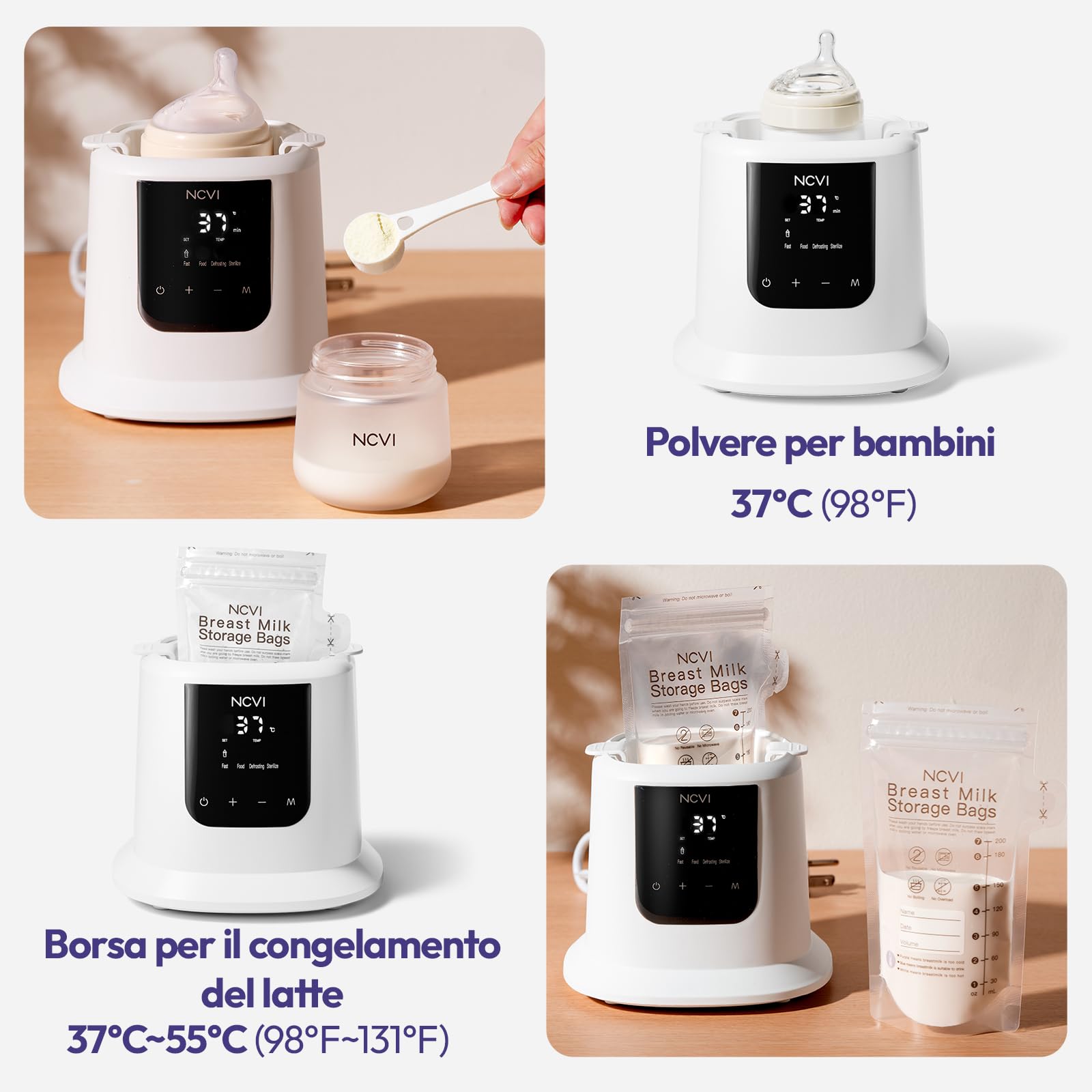 Scaldabiberon NCVI, Scaldalatte rapido, Scongelamento, Scaldavivande, Sterilizzatore, Controllo della temperatura, Spegnimento automatico, Senza BPA, Latte materno e alimenti