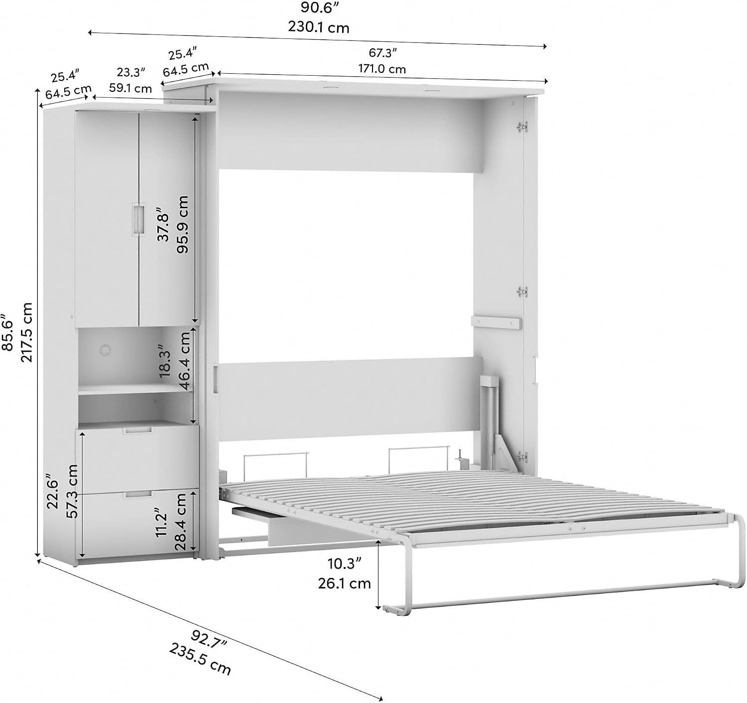 Bestar Lumina 91W Queen Murphy Bed with Desk and Storage Cabinet in White Chocolate, Sleeping Arrangement with Drawers