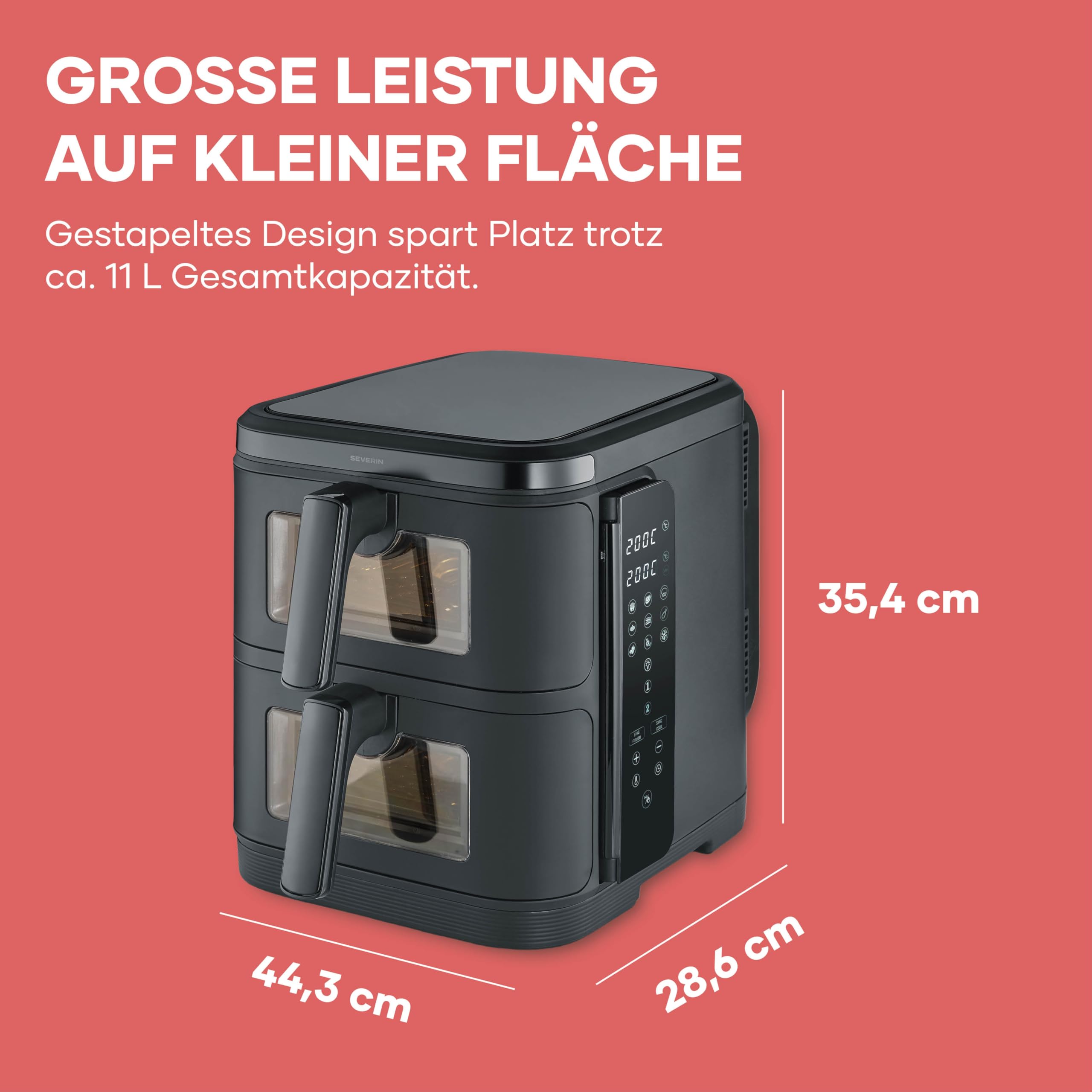Severin Duo Stack Heißluftfritteuse, 2 x 5,5 L Garraum, 2 Kammern, gesundes Kochen, 9 Automatik-Programme, Fritteuse ohne Fett, platzsparendes Design, doppelstöckig, S-Fry, 2800 W, schwarz, FR 9598