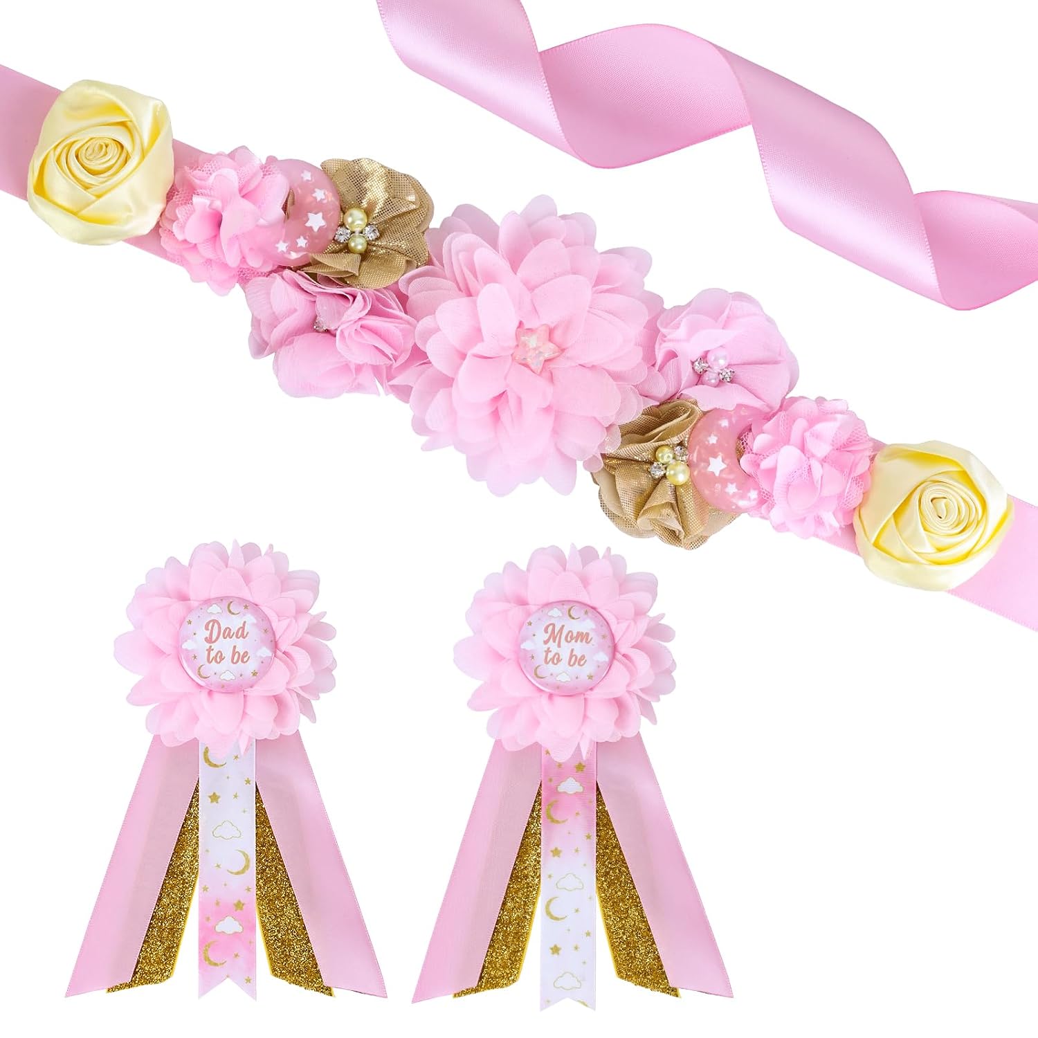 Moon and Star Baby Shower Sash and Pins Set, Pink Gold Twinkle Twinkle Little Star Baby Shower Belly Belt and Mom to Be & Dad to Be Corsage Pins, Pregnancy Sash New Parents Party Supplies