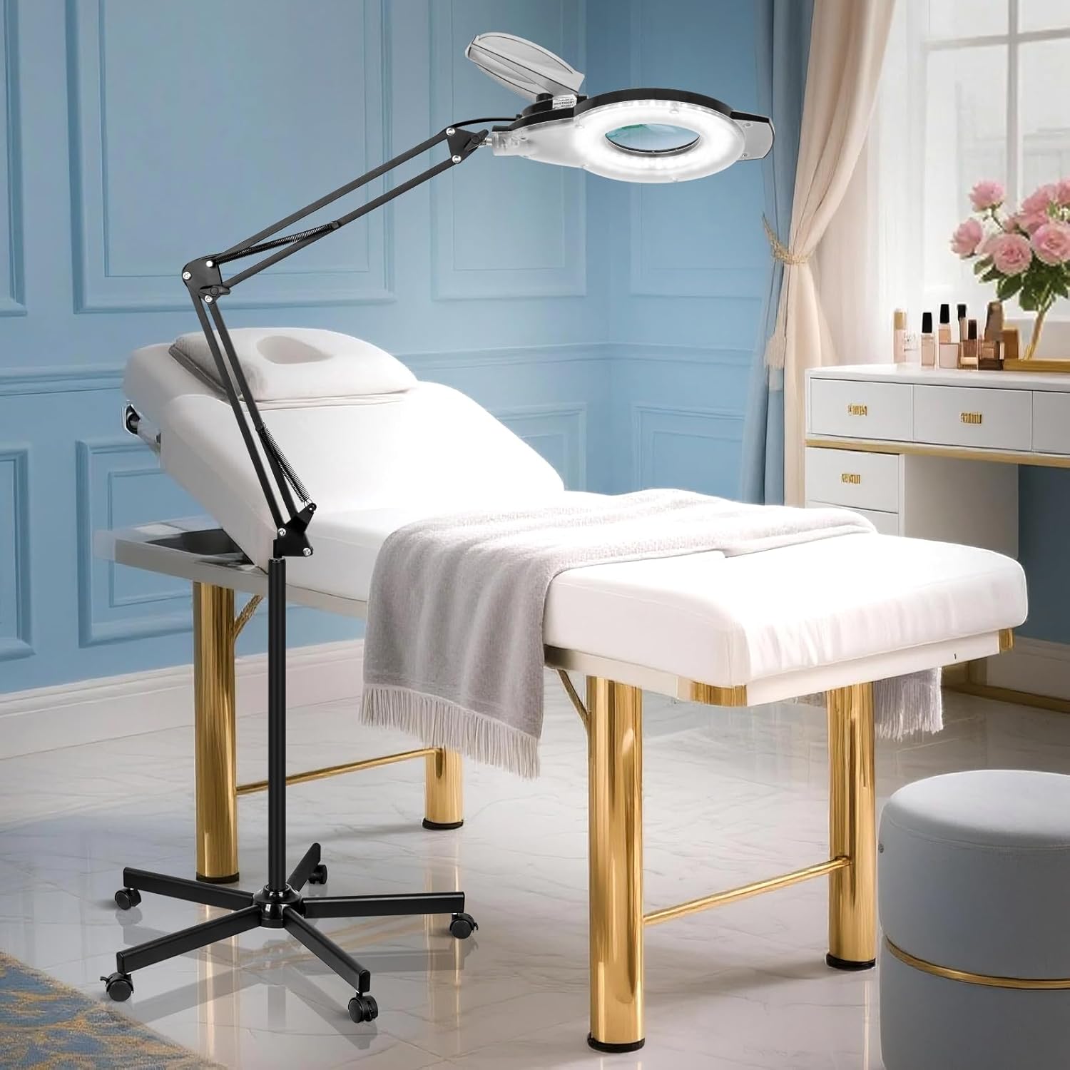 KIRKAS 2,200 Lumens Magnifying Floor Lamp for Esthetician, 12X Magnifier Light Real Glass Lens with 5 Wheel Rolling Base, 2 IN 1 Adjustable Stand & Arm LED Magnifying Light for Eyelash Extension-Black