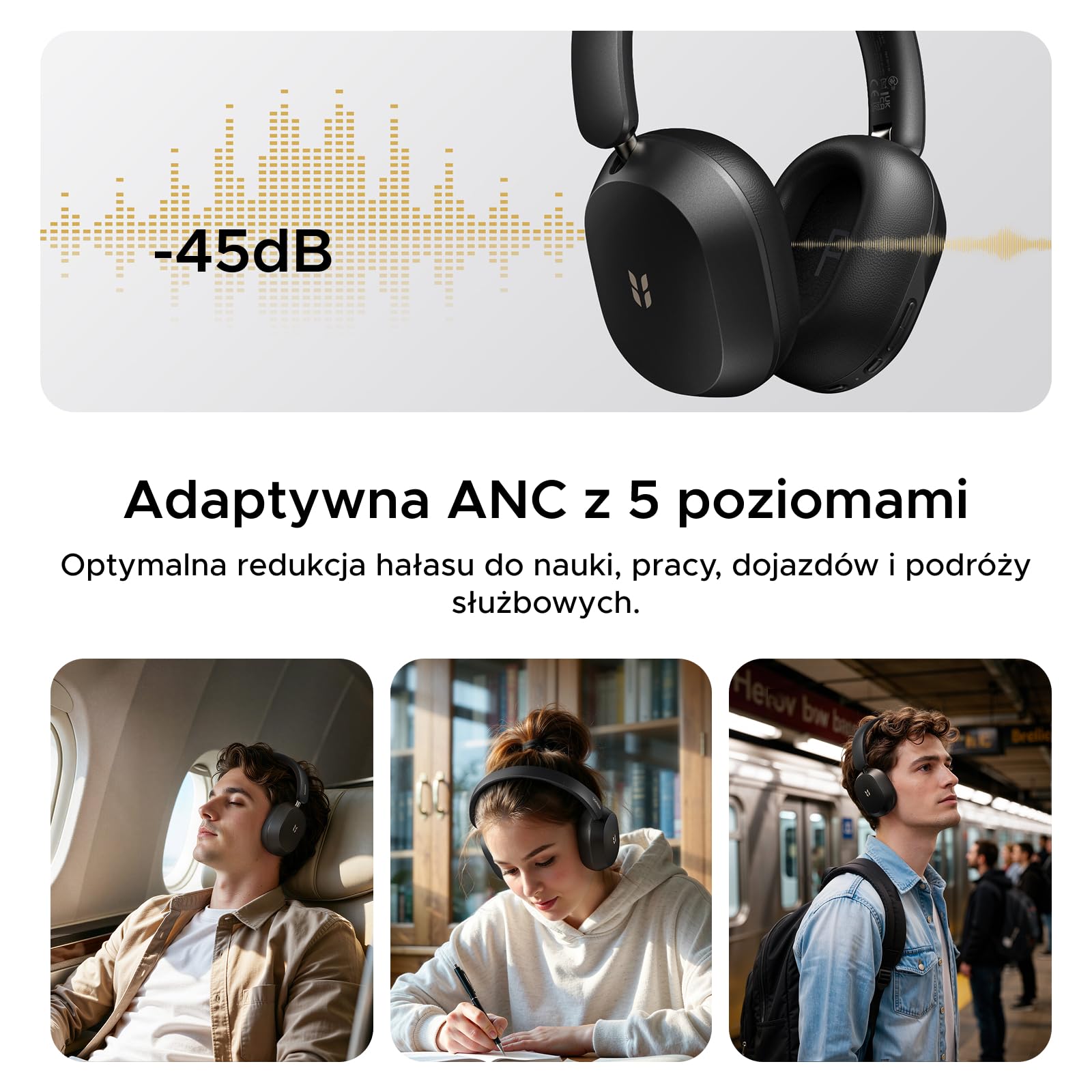 UGREEN HiTune Max5s Bluetooth Over Ear z -45 dB Hybrid-ANC | bezprzewodowe bluetooth z LDAC, Hi-Res Podwójne złoto i LDAC, 112h baterii, 5-mikrofon AI-ClearCall, Lekka konstrukcja