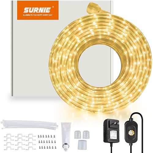 SURNIE LED Rope Lights Outdoor Waterproof - 50ft 3000K Soft White Strip Light 12V Low Voltage Flat Flexible Cuttable Outside Indoor Decorative Ceiling Lights for Bedroom Patio Camping Deck Landscape