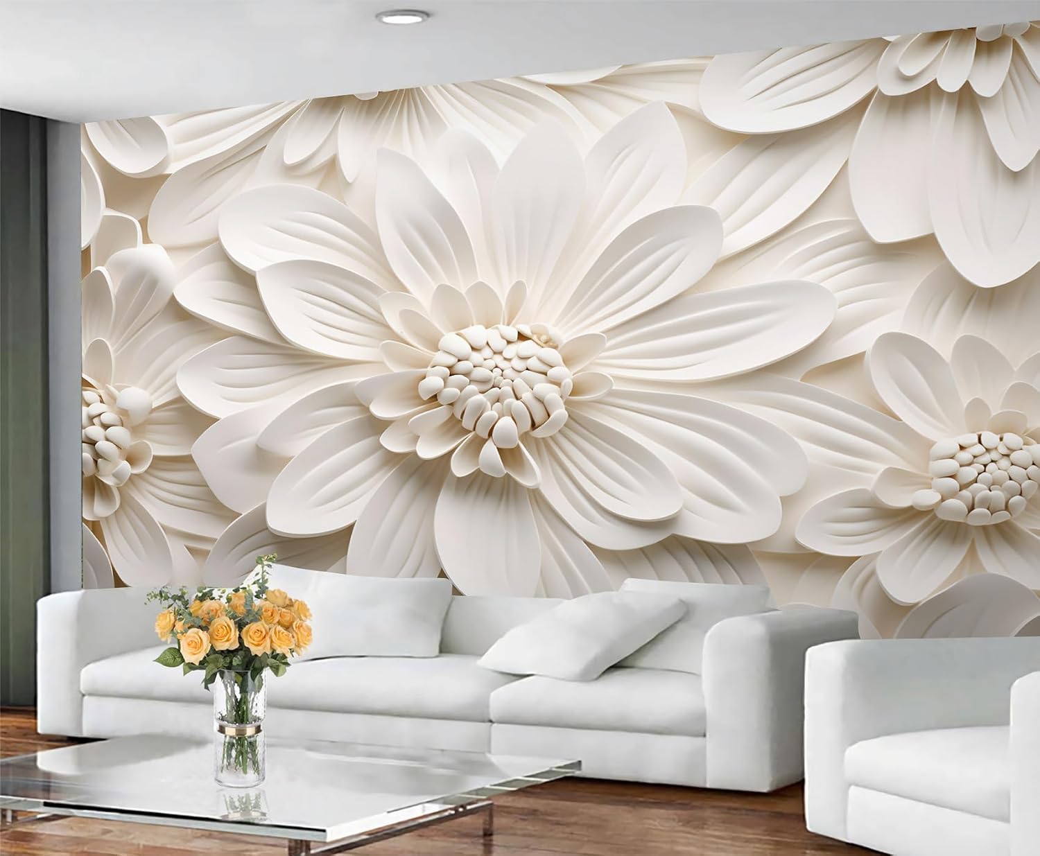 White Flowers Mural, European Relief Flowers Wallpaper for Bedroom, Retro Sculpture Floral Wall Mural for Living Room Dining Room Home Decor (Not Peel and Stick)