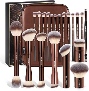 MAANGE 21-Piece Makeup Brush Set with Bag - Double-Ended Kabuki, Foundation & 13 Eye Brushes for Flawless Liquid/Powder Makeup (Coffee)