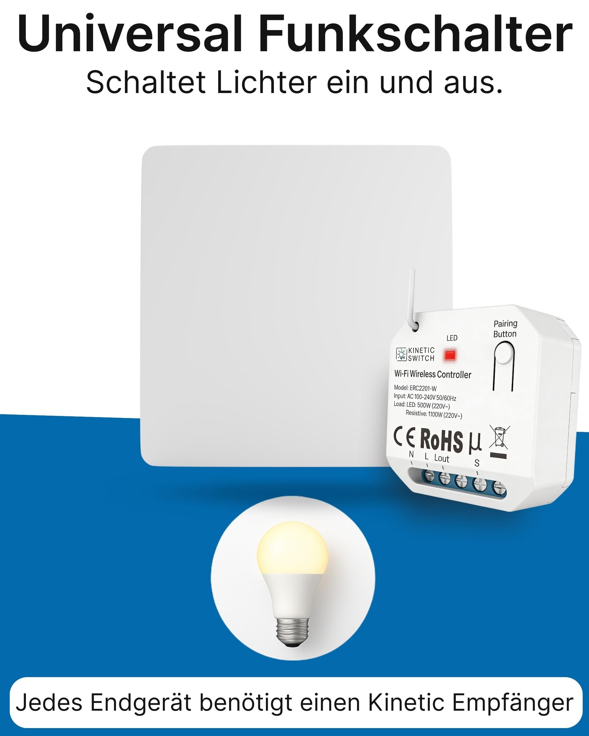 Hochwertiger Funkschalter 230V Batterielos | Funk Lichtschalter Set IP67 mit Empfänger | 80m Reichweite | WLAN Lichtschalter Alexa & Google Home