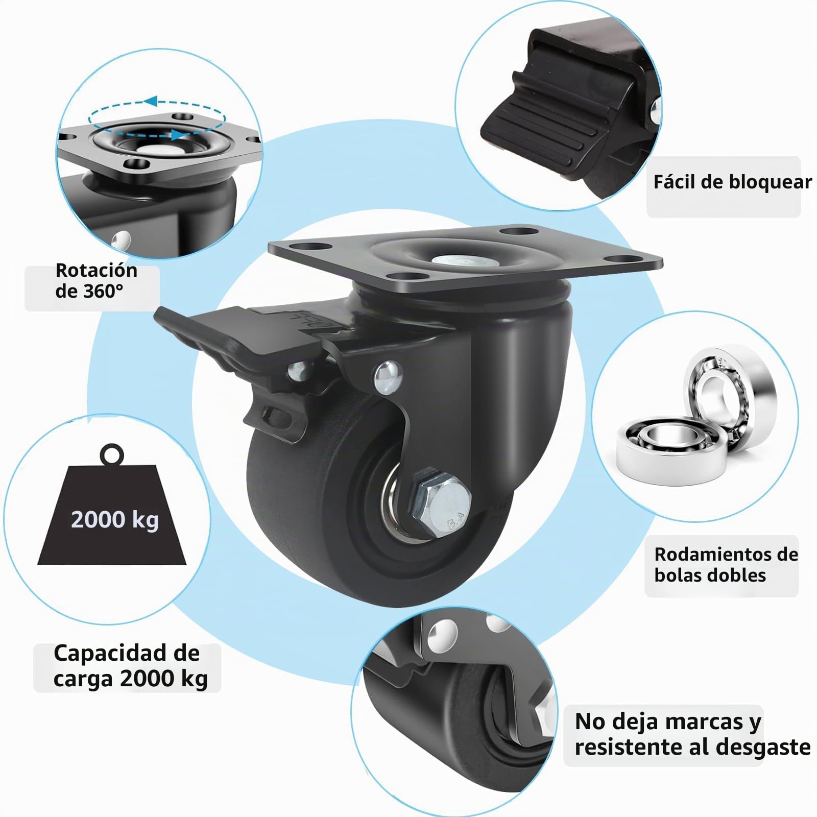 4 Ruedas para Muebles Pesados con Freno Hasta 2000kg, 75MM Ruedas Pivotantes Pesados, Ruedas de Placa Industriales Giratorias 360°, Duradero, Silencioso Nylon Ruedas