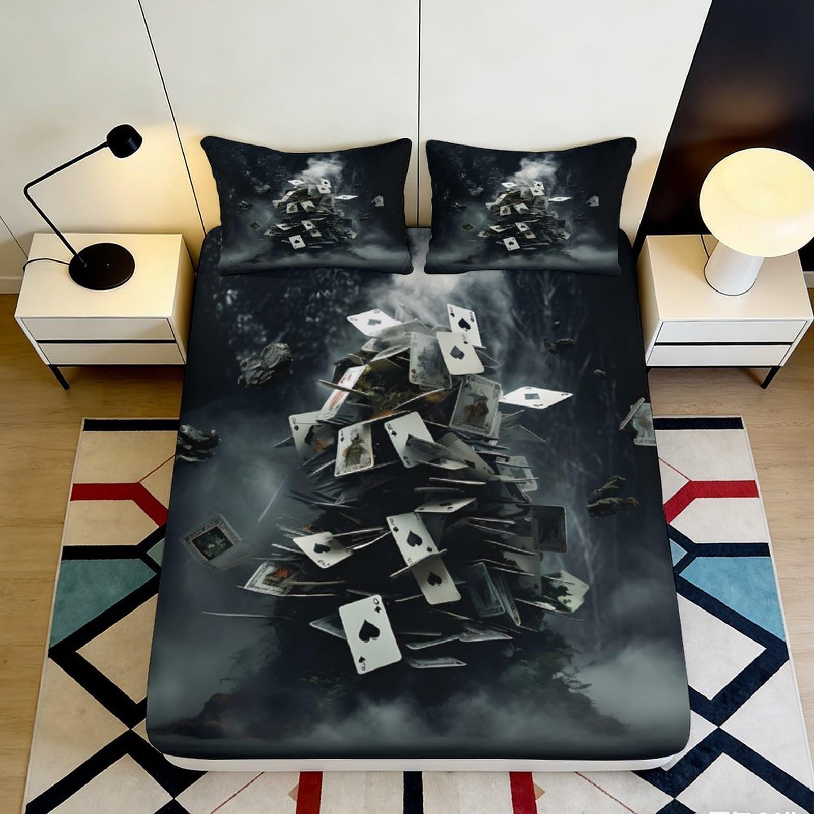 K1r3d9e5 Style-10 3D Printed Playing Cards Fitted Sheet Microfiber Black Artistic Bed Cover For Bedroom Guest Room Dustproof Washable 90X200x25cm