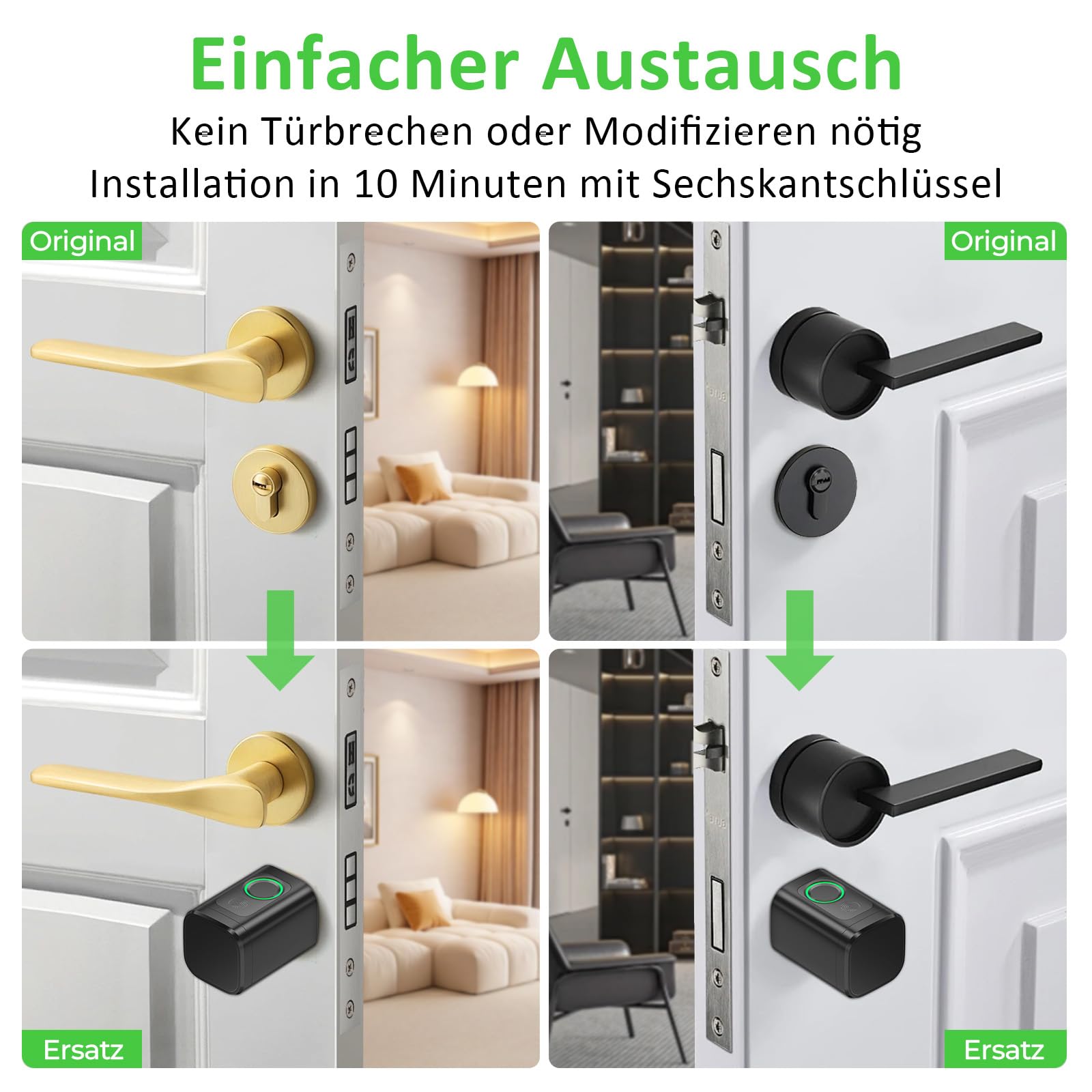 FITNATE Elektronisches Türschloss mit Fingerabdruck, 5-in-1 | App, Bluetooth, RFID, Passwort & Schlüssel, Verstellbar 60-80mm