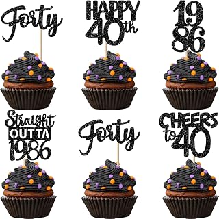 Confetti! 24-Pack Black 40th Birthday Cupcake Toppers - Premium Glitter Decorations for Cakes, 'Cheers to 40 Years' & 'Straight Outta 1984' Party Picks