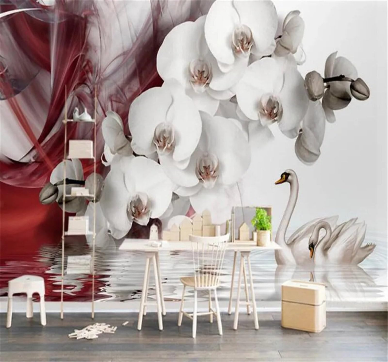 Tzxztt Beautiful White Phalaenopsis Mist Swan Modern 3D Wallpaper Premium Textured Silk Neutral Tones Material Ideal for Living Room Bedroom-350cm×256cm