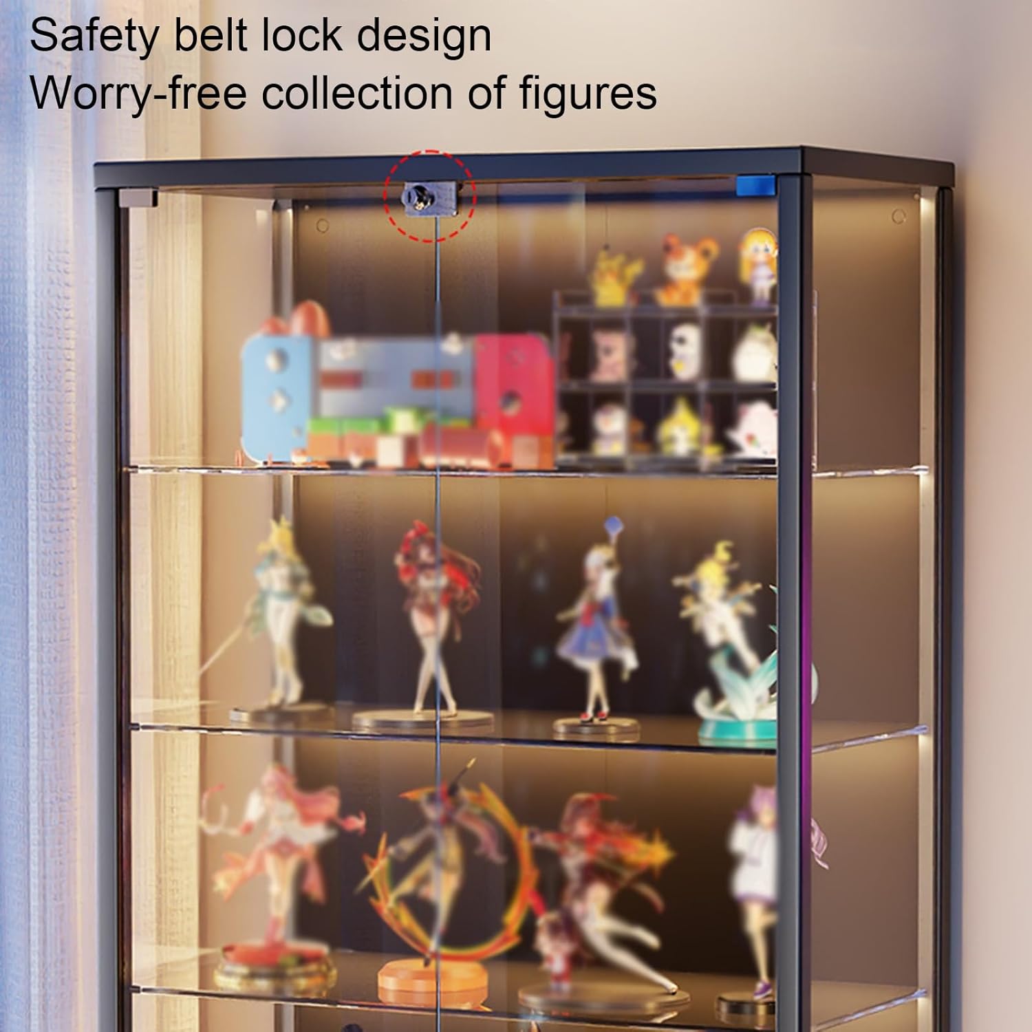 4-Tier Glass Display Cabinet with Dual Tempered Doors, Curio Cabinet with LED Lights, Adjustable Shelves, for Home(Blue,80cm/31.5in)