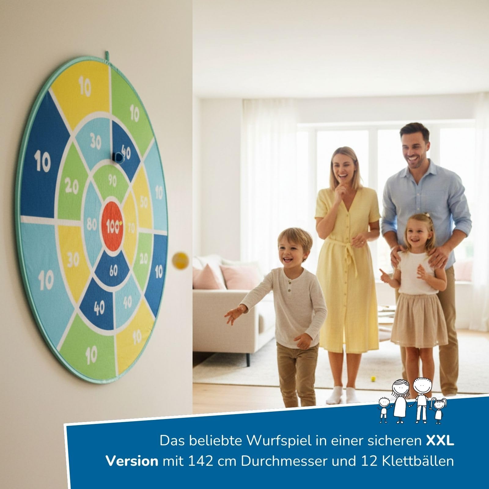 alldoro 60061 XXL Dart-Scheibe Ø 142 cm, riesiges, faltbares Klett-Dartboard, Indoor & Outdoor Wurfspiel für Kinder, 12 Klettbälle + Tragetasche, bunt