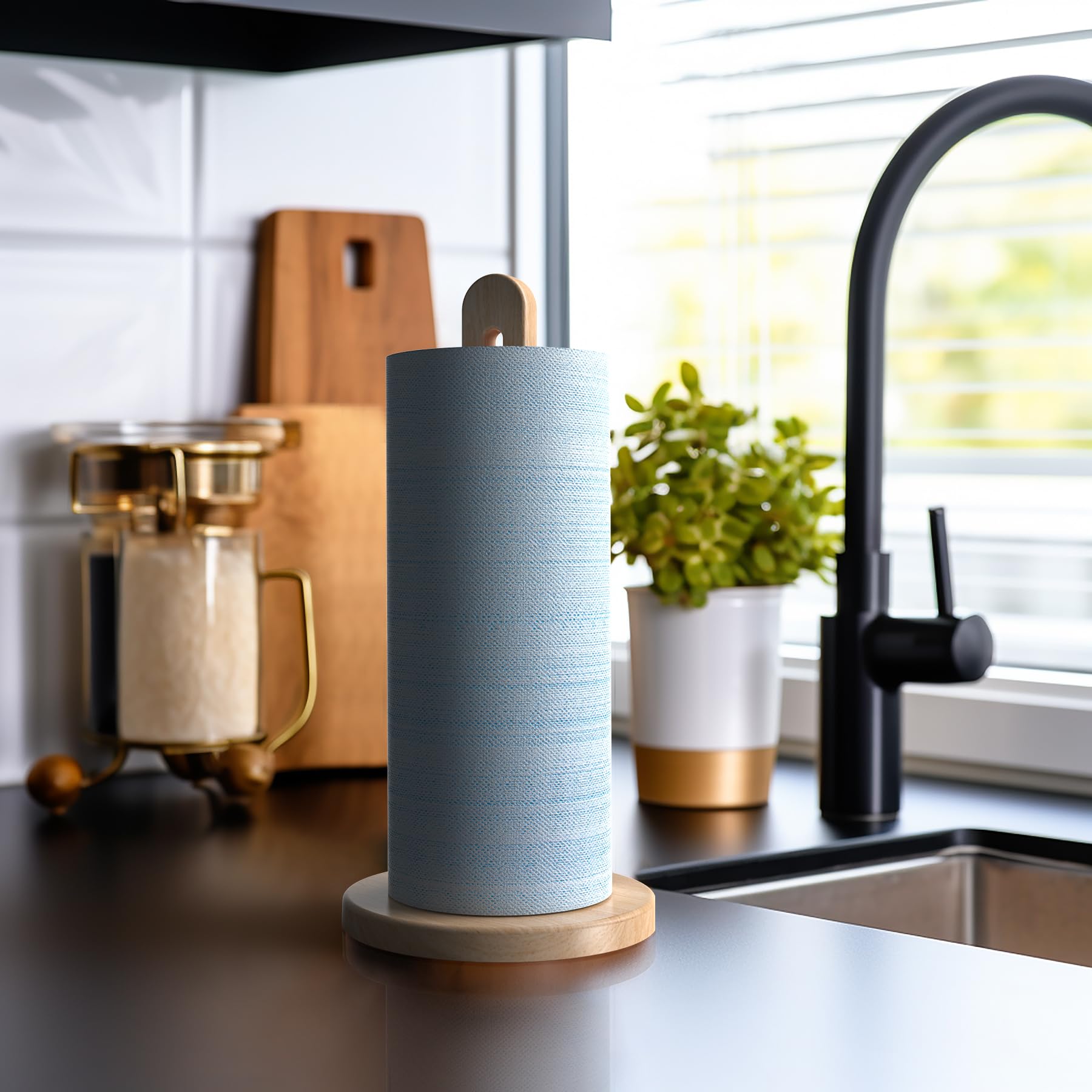 Soporte para toallas de papel de madera, se adapta a rollos gigantes, soporte dispensador de toallas de papel de madera de haya maciza con base antideslizante, 1 paquete 5