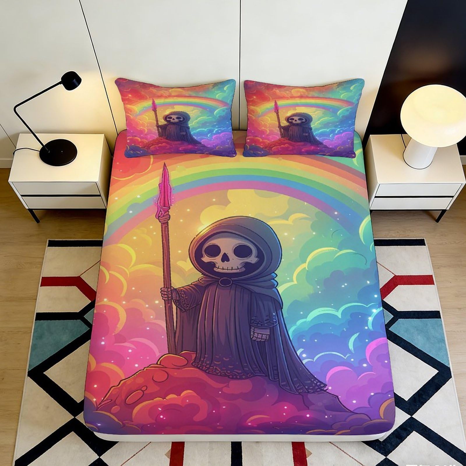 3D Printed Grim Reaper Rainbow Fitted Sheet Microfiber Soft Colorful Skull Bed Cover for Bedroom Dorm Kids Teens 180x200x25cm