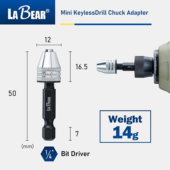 LABEAR Drill Chuck Keyless Mini Adapter ¼ Inch Hex Shank | 0.3-3.2mm Capacity for Micro Drill Bits for Cordless Screwdrivers, Drills, and Power DIY Tools