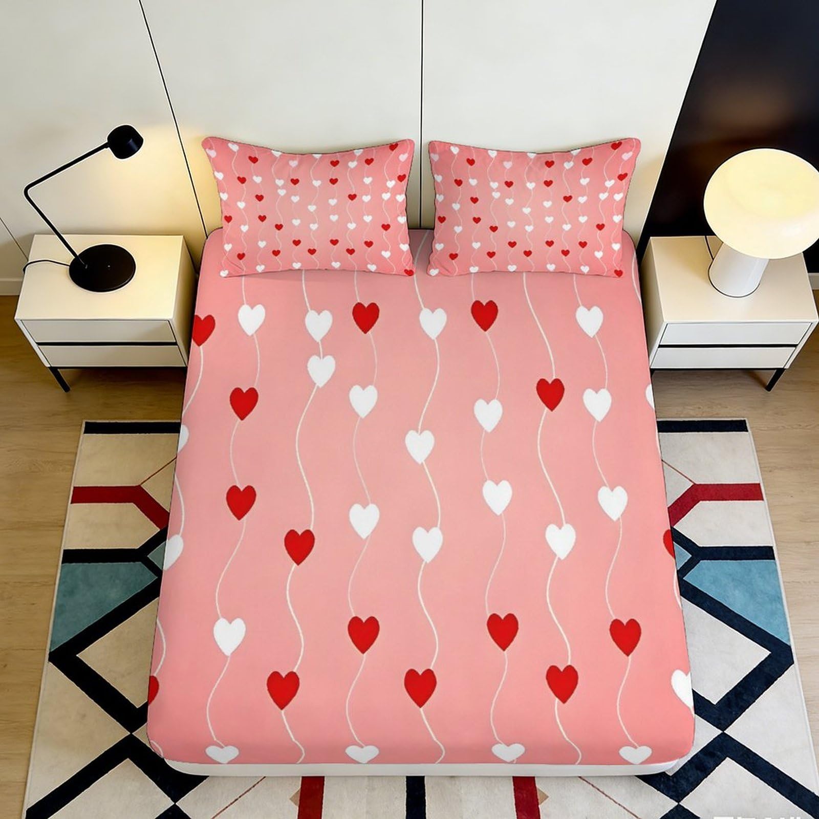 3D Printed Heart Pattern Fitted Sheet Microfiber Soft Breathable Hanging Hearts Bed Cover for Bedroom Dormitory Guest Room Mattress Protection 140x200x25cm