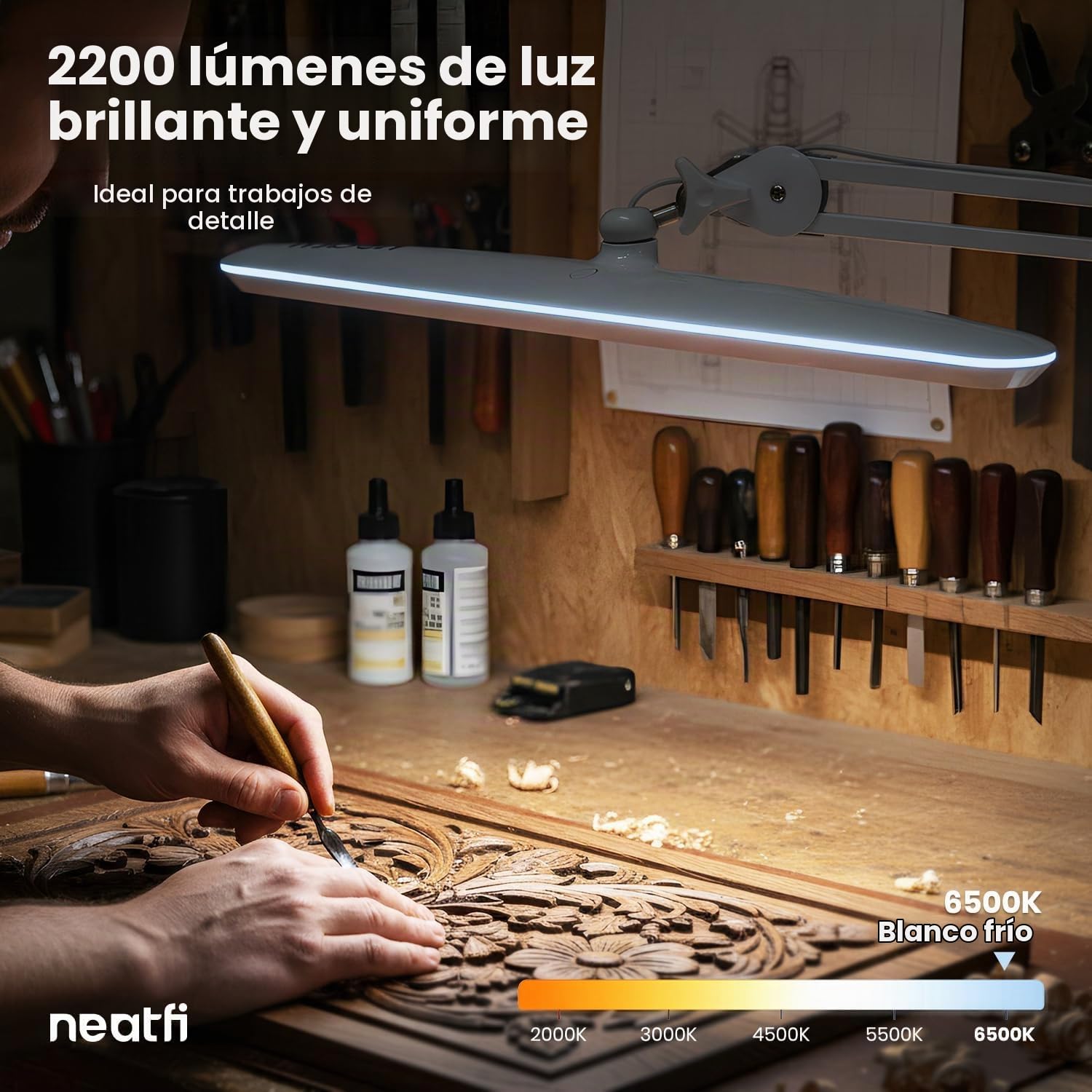 Neatfi XL Lámpara de Escritorio LED de 23" con Pantalla Ancha – 2.200 Lúmenes, 24W | Luz Regulable | Brazo Ajustable | Ideal para Oficina en Casa, Manualidades y Técnicos de Uñas (Blanco)