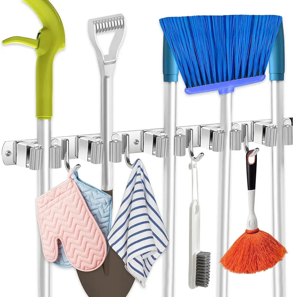 Suporte para Vassouras e Rodo de Parede com 9 Acessórios - Porta Vassoura de Parede em Aço Inoxidável Prático para Cozinha e Lavanderia