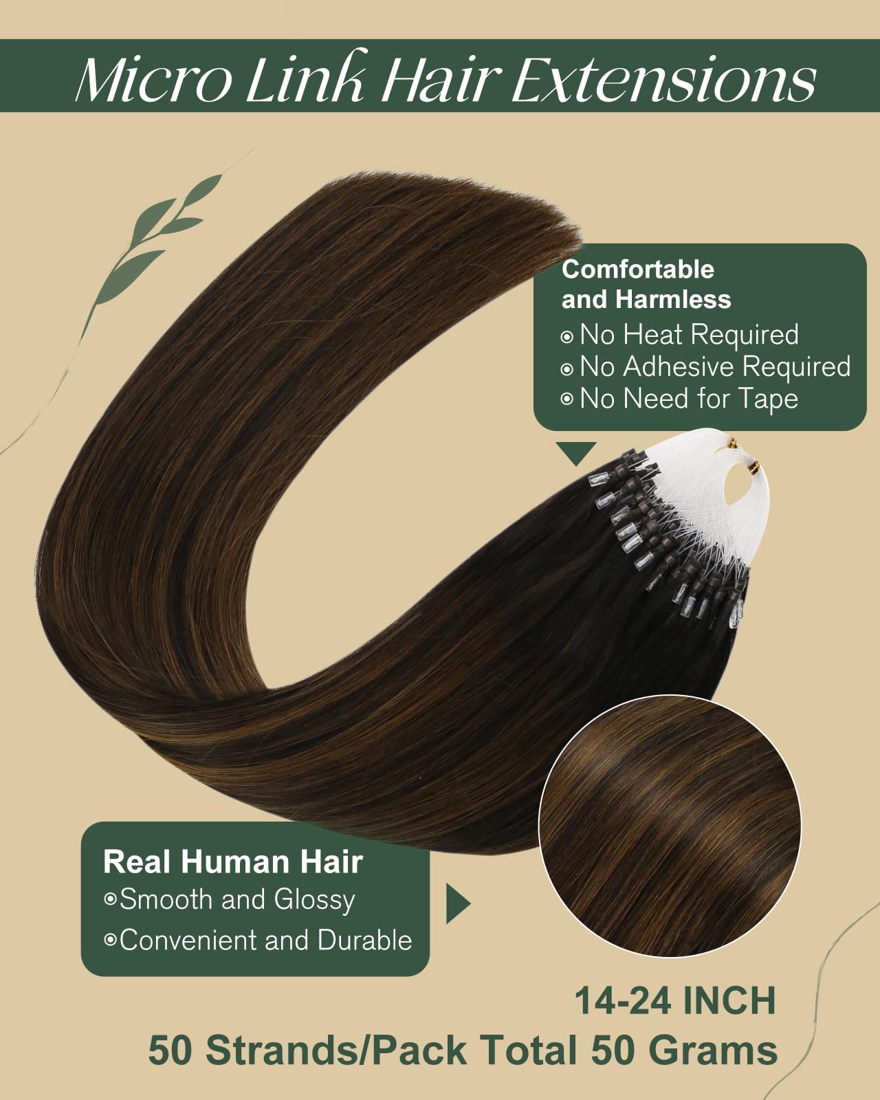 Ugeat Micro Ring Hair Extensions Real Human Hair Brown Balayage 16 Inch Micro Loop Hair Extensions Human Hair Ombre Darkest Brown to Medium Brown 50G/50S #2/6/2 - Image 2